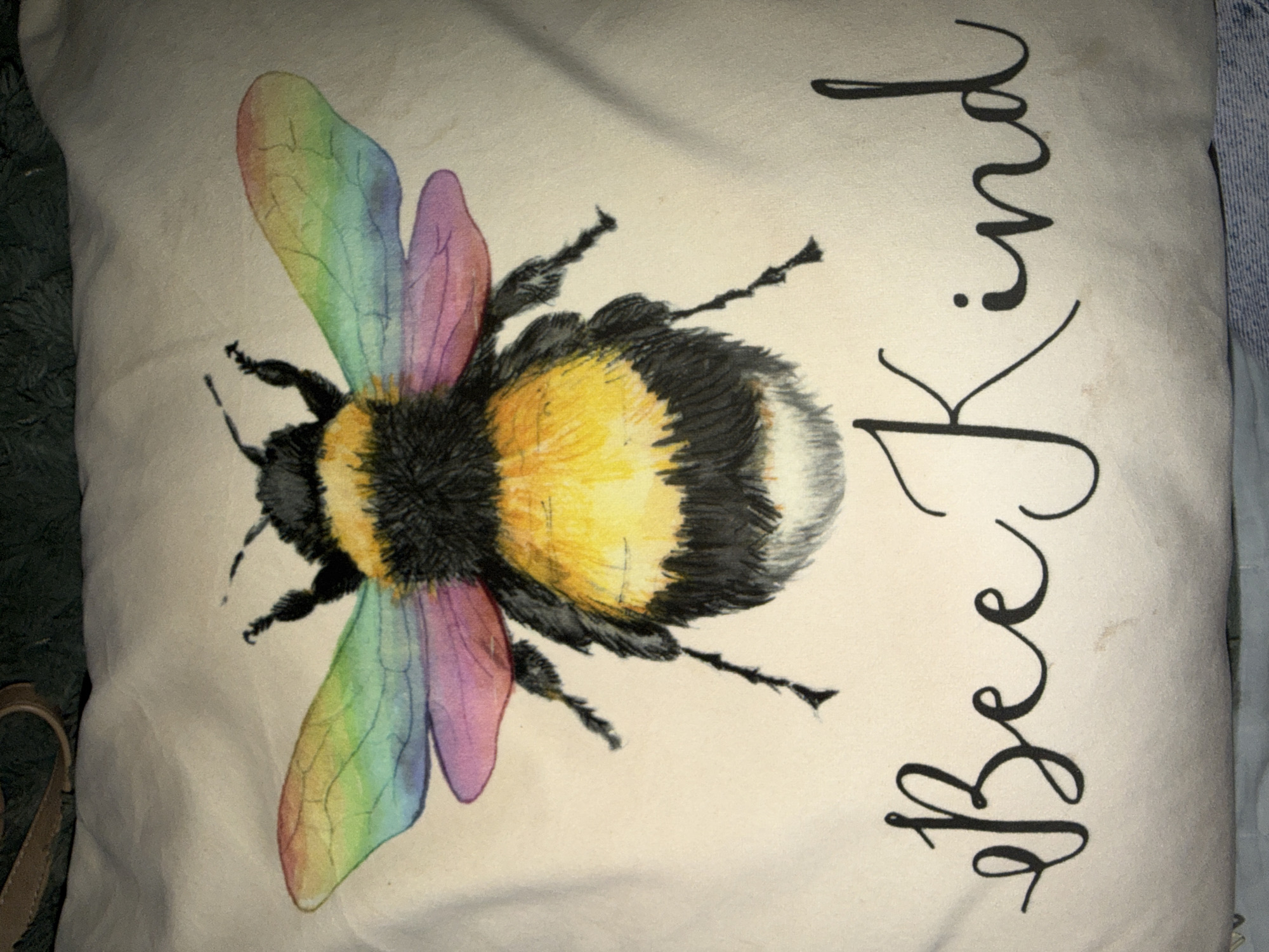 A cream-colored cushion is visible. On it is an image of a bee with rainbow-colored wings. The text "Bee Kind" is printed on the cushion as well. The bee faces the top left of the image. The surrounding environment includes some green material, and denim on the top right side of the image. There is no location within the city of London visible in this image.