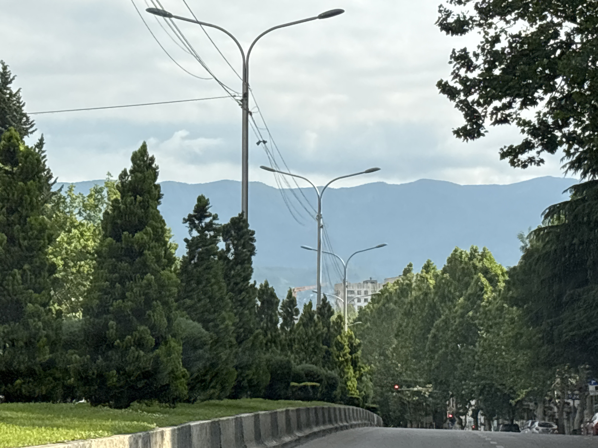 This image depicts a street scene in Tbilisi, Georgia. The perspective is from a moving vehicle, looking forward. In the foreground, a gray concrete barrier lines the road, which curves gently to the right. Several tall, dark green evergreen trees are positioned behind the barrier. In the mid-ground, a series of streetlights with curved arms extend over the road. Power lines are visible strung between these poles and also crossing higher up against a cloudy sky. Further back, a line of deciduous trees with vibrant green foliage forms a dense natural boundary. Beyond the trees, a construction crane and a multi-story building under construction are visible, suggesting ongoing development. The background is dominated by a hazy mountain range under a pale sky. The overall impression is of a street bordered by urban greenery and infrastructure, with a natural mountainous landscape in the distance.