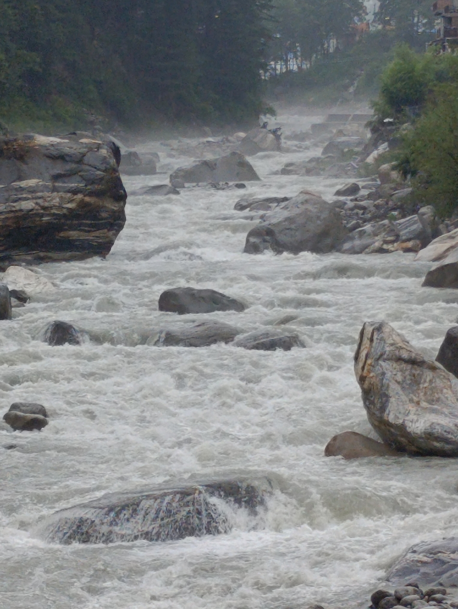 The image depicts a fast-flowing river in Manali, India, with a rocky terrain. Large boulders are scattered throughout the riverbed, with the water churning and creating white foam as it rushes over them. Dense green vegetation covers the slopes on either side of the river, and in the background, the misty atmosphere suggests a cooler climate or recent rainfall. Buildings are visible on the higher ground in the distance. No people are clearly discernible in the scene. The overall impression is one of a powerful natural landscape.