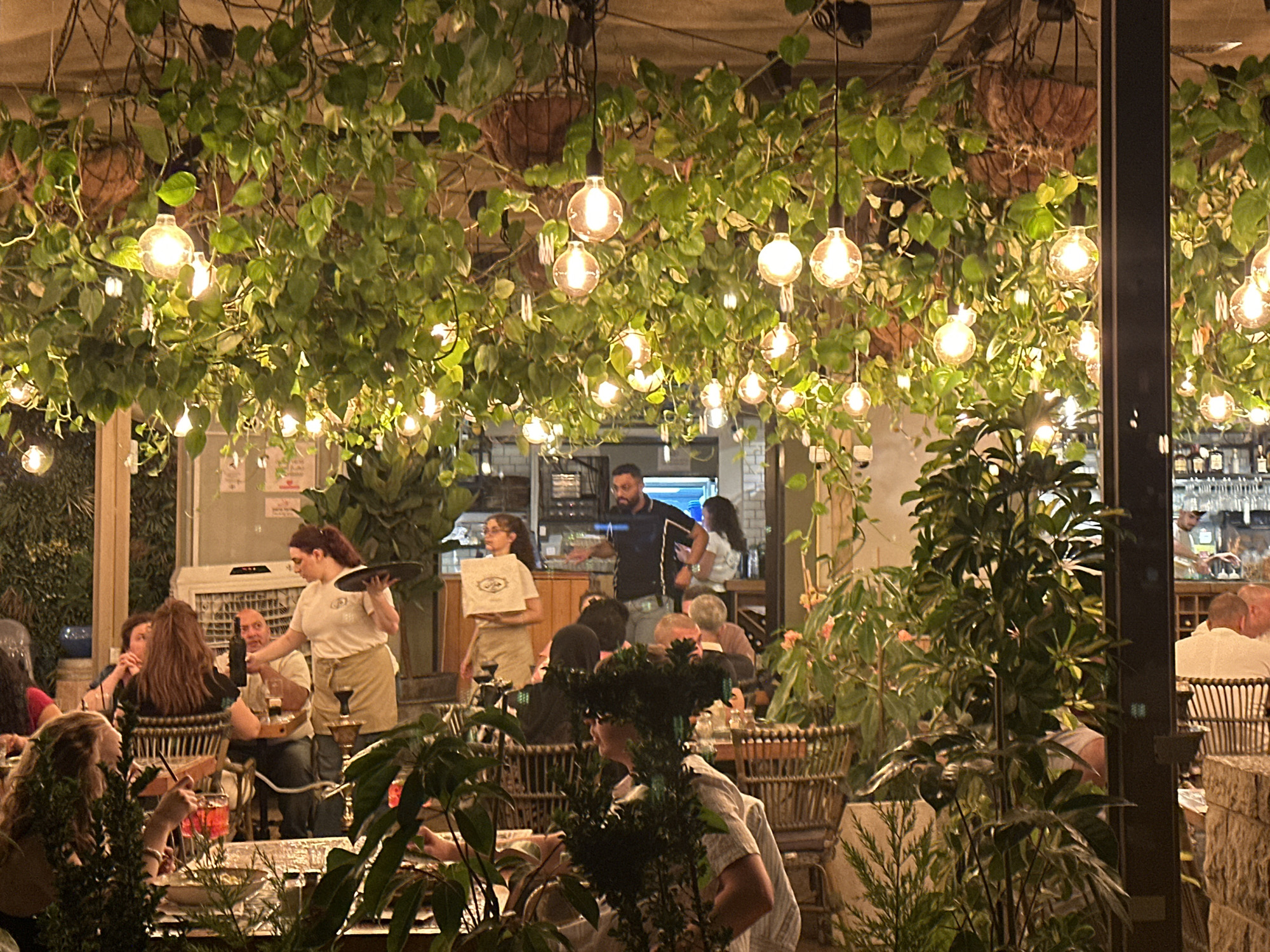 This media file captures a vibrant, open-air restaurant scene, likely in Haifa, Israel, during the evening. Lush green vines cascade from the ceiling, intertwined with numerous Edison-style lightbulbs that cast a warm, inviting glow over the patrons. The setting appears to be a rooftop or outdoor patio, with wicker furniture and stone accents contributing to a relaxed, bohemian ambiance.

Several groups of people are dining and socializing. In the foreground, a woman with long, light brown hair is seated, engaged in conversation and holding a drink with a straw. To her left, another woman with dark hair is partially visible. Behind them, a group of diners are gathered around tables. A server, a woman with dark hair pulled back and wearing an apron, is seen interacting with a man at one of the tables, holding out a bottle. Another server, a man in a dark shirt, is visible in the background, seemingly directing staff or guests. The overall mood is convivial and relaxed, suggesting a pleasant evening meal. The lighting and lush greenery create a cozy and intimate atmosphere, perfect for enjoying the night air.