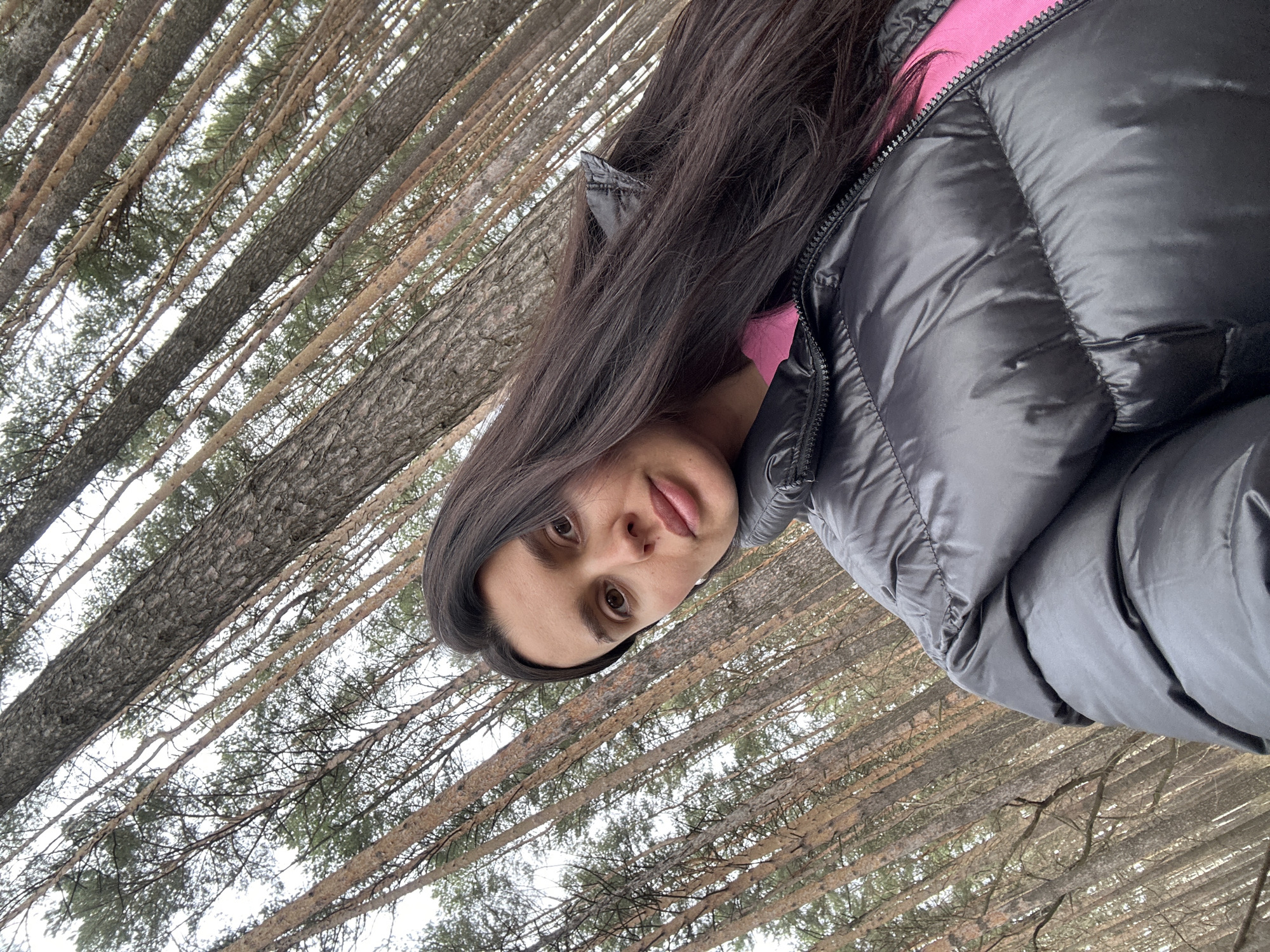 A portrait-style photograph captures a young woman looking directly at the camera, framed diagonally within a dense forest. She has long, dark brown hair and wears a black, shiny puffer jacket over a bright pink top, which is visible at the collar and zipper. Her expression is neutral, with her lips slightly parted.
The setting is a forest dominated by numerous tall, slender tree trunks, likely coniferous trees, stretching upwards towards an overcast or bright sky. The photo is taken from a low-angle perspective, looking up through the tree canopy. The camera is significantly tilted, causing the trees to appear diagonal across the frame and creating a dynamic composition.
The activity is a casual outdoor portrait or selfie. The soft, diffuse lighting suggests an overcast day, and the puffer jacket indicates cool weather. There is no visible text in the image. The location context is Chaikovsky, Russia.