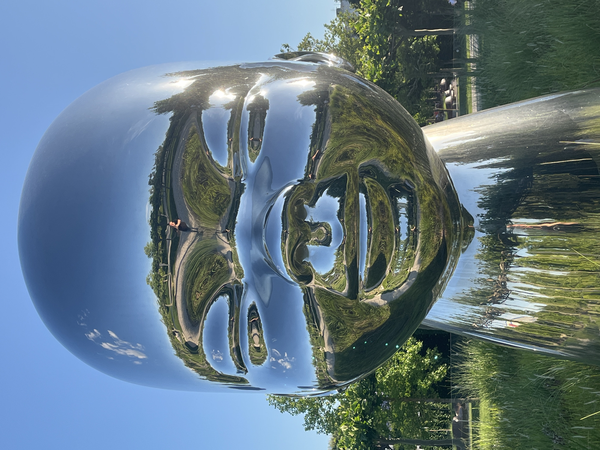 A large, highly polished, chrome-like sculpture of a human head or face dominates the image, oriented horizontally across the frame. The sculpture's smooth, reflective surface distorts and mirrors its outdoor surroundings vividly under a bright sun.
The expansive, lustrous surface of the head reflects a vibrant park scene. The left portion of the head (representing the top of the skull) mainly reflects a clear, bright blue sky with a few scattered white clouds. The central 'face' area captures the reflections of lush green trees, tall grass, and a winding paved path. Distorted reflections of at least two people are visible on the sculpture: one figure stands on the path near the reflection of the left 'eye' area, and another individual is partially reflected on the lower right side.
Beyond the sculpture, real trees and greenery are visible, framing the artwork. The scene is set outdoors on a sunny day with clear weather, indicated by the strong highlights and bright blue sky. This monumental art piece is situated in a public park, consistent with the provided location context of Krasnodar, Russia. No visible text is present in the image.