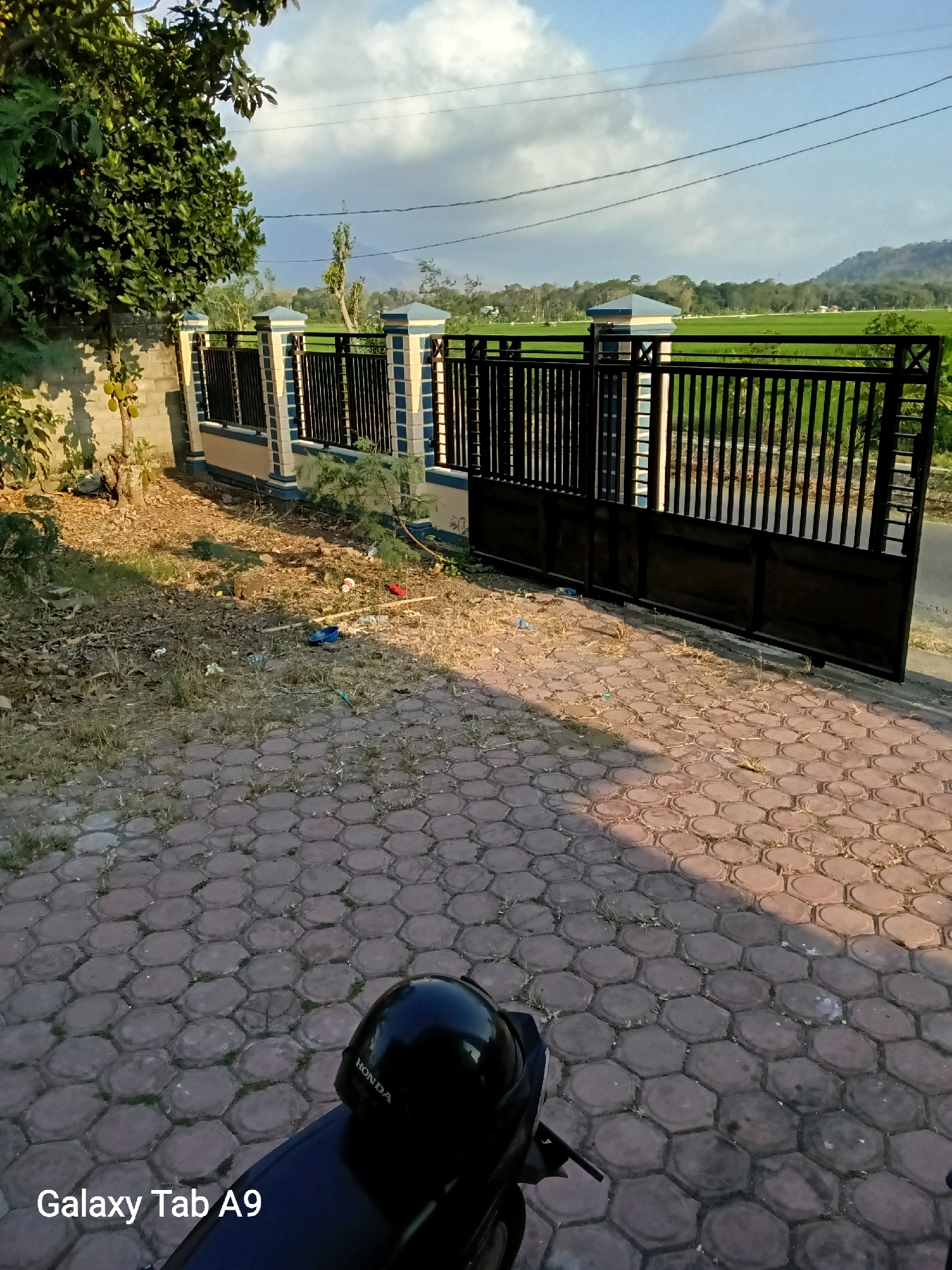 The image captures a scene in Rejowinangun, Indonesia, featuring a black metal gate and fence bordering a property. Beyond the fence, lush green rice fields stretch towards a distant, tree-covered hill under a partly cloudy sky. To the left, a large tree with visible jackfruit hangs from its branches. The foreground is paved with hexagonal interlocking bricks, and a black motorcycle helmet with "HONDA" imprinted on it rests on the back of a dark-colored motorcycle. The ground near the fence is littered with dried leaves, grass, and various pieces of trash, including plastic bottles and what appears to be a blue plastic cup. The lighting suggests it is late afternoon, with shadows cast across the brick paving.