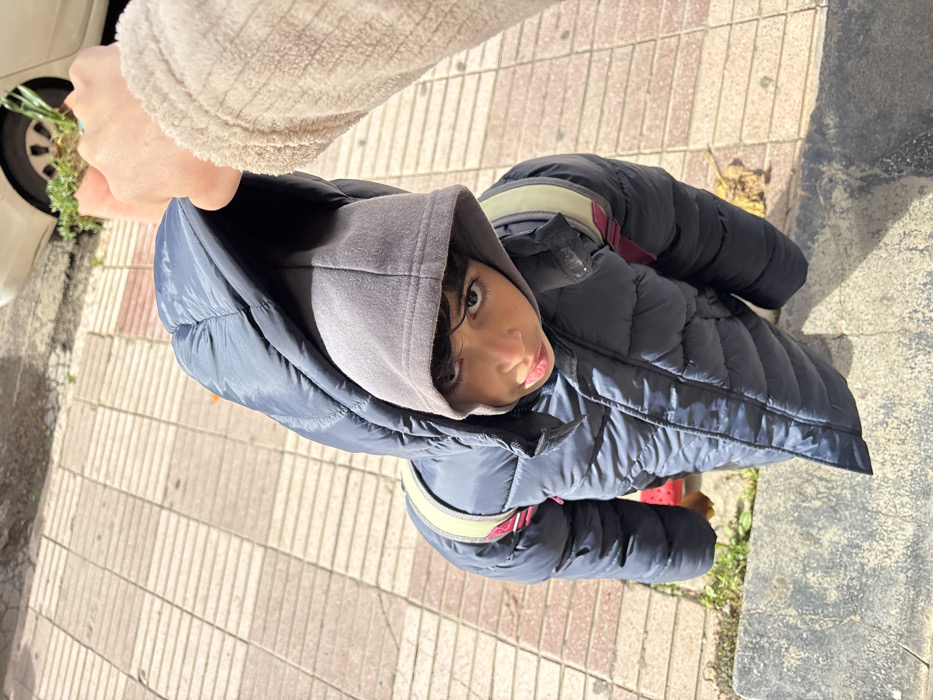 The image depicts an outdoor street scene in Meknes, Morocco, captured from a high-angle perspective looking downwards. A young child, appearing male, with dark hair and eyes, is positioned centrally, looking upwards towards the camera. The child wears a dark navy blue or black puffer jacket with an internal grey hooded sweatshirt, both hoods pulled over the head. A light beige-green backpack strap is visible over the child's right shoulder, and a maroon fabric element of a backpack is visible under the left arm. In the upper right quadrant, an adult's hand, partially obscured by a light-colored, textured sleeve, extends downwards, holding a small clump of green plants with visible soil. The ground is a tiled sidewalk composed of rectangular light brown and off-white pavers arranged in a linear pattern. A rough, dark grey concrete edge is visible in the lower left foreground. Sparse green vegetation grows in cracks along the pavement. In the upper background, the front passenger wheel and lower portion of a white vehicle are visible. The scene is brightly lit by natural sunlight.