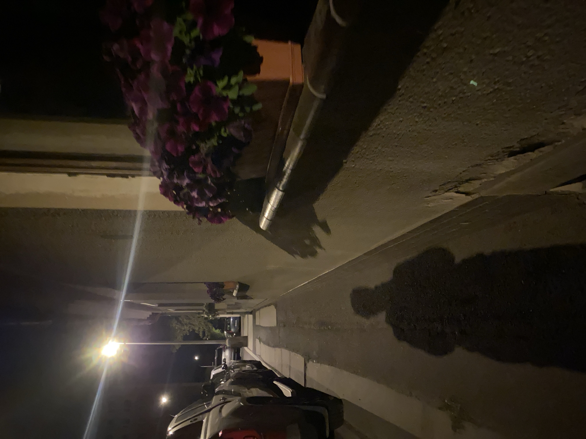 The image depicts a street scene at night in the city of Bílina, Czechia. A sidewalk runs along the right side of the frame, adjacent to a building wall. Parked cars are visible on the left side of the street, with a streetlamp illuminating the area. In the foreground, a dark silhouette of a person's shadow is cast on the sidewalk. The building wall features a window box filled with dark purple flowers.