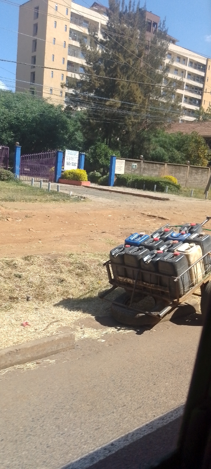 The image depicts an outdoor street scene in Ngong ward, Kenya. In the foreground, a two-wheeled metal utility cart is positioned on a dry, dirt shoulder adjacent to an asphalt road. The cart contains approximately eleven plastic jerrycans: ten are black with red caps, and one is beige. One black jerrycan features a blue handle. A concrete curb and a segment of the asphalt road are visible in the lower left and center. The ground next to the road is light brown dirt with patches of straw-colored dry grass.
In the middle ground, a wide unpaved path leads towards a gated entrance. The gate consists of two prominent blue-painted pillars supporting purple vertical metal bars. A white rectangular signboard with dark text is affixed to the right pillar, surrounded by yellow-green manicured bushes. To the right of this entrance, a low, light brown wall extends, fronted by additional green shrubbery and a smaller, lighter-colored signboard.
The background features several tall, multi-story buildings, predominantly light beige or tan in color, set against a clear blue sky. The building on the left is a distinct tall structure with multiple visible windows. The building on the right is partially obscured by dense, tall green trees, some appearing coniferous. Overhead, multiple utility lines (likely electrical or communication) traverse the upper portion of the frame, partially intersecting the trees and buildings. No individuals are visible.