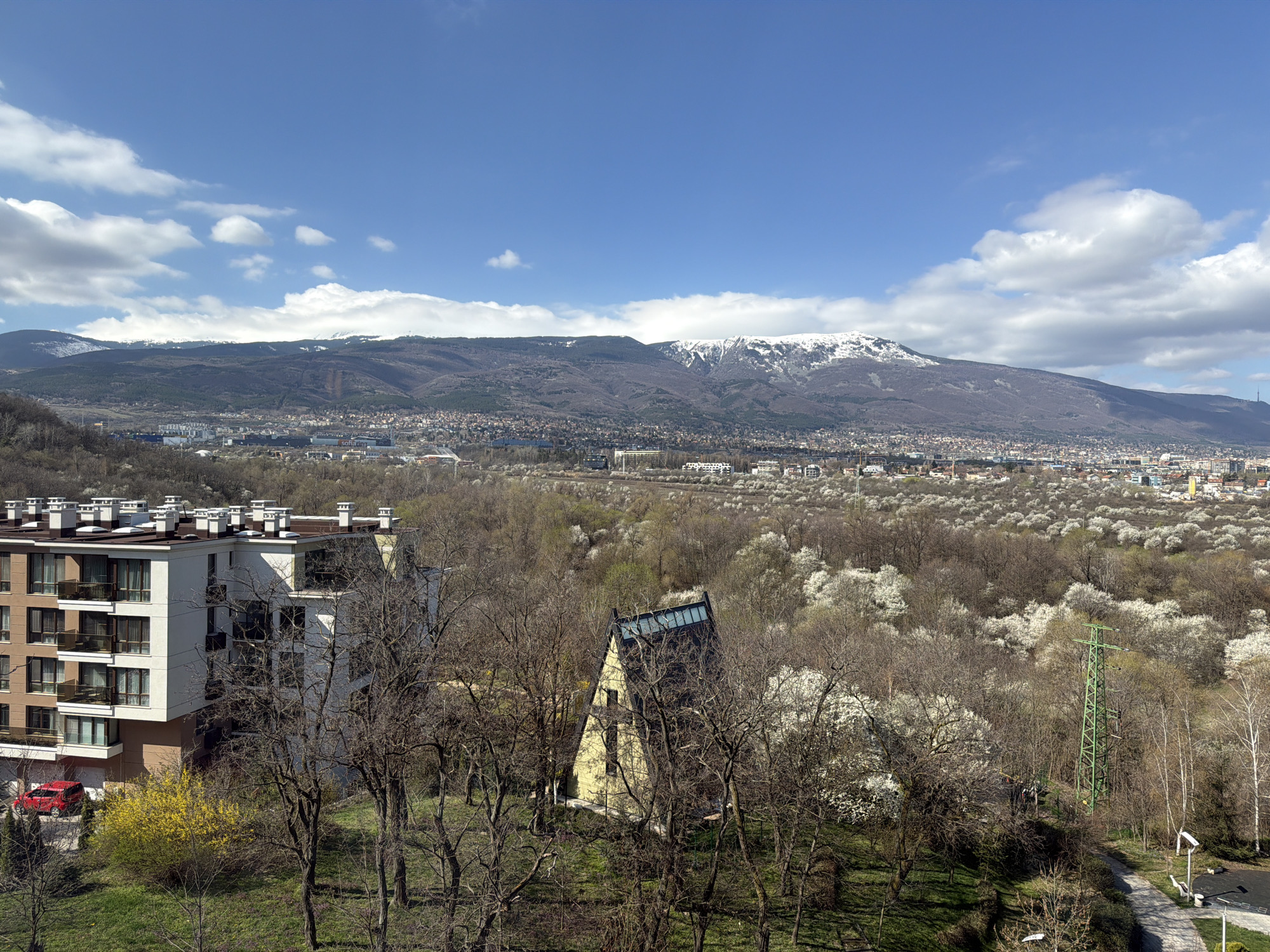 The image captures a high-angle, sunny daytime view of Sofia, Bulgaria, showcasing a blend of urban and natural elements. A mountain range with snow-capped peaks dominates the background beneath a blue sky with scattered clouds. Mid-ground features the city gradually blending into a dense area of trees, some in bloom with white flowers. In the foreground, residential buildings with chimneys and balconies are visible to the left, alongside an A-frame house nestled among bare trees. A red car is parked near the buildings. A green electrical transmission tower stands among the trees to the right. The scene suggests a location on the outskirts of Sofia, where urban development meets the natural landscape.