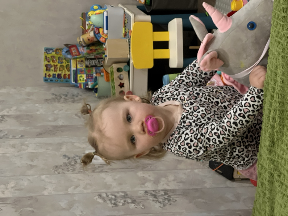 A light-skinned female toddler with light brown hair styled in two small pigtails is depicted in an indoor setting, looking directly at the camera. She wears a pink pacifier and a long-sleeved shirt with a black and pink heart-shaped leopard print pattern, over what appears to be pink pants. Her left hand grasps a grey stuffed unicorn toy with a pink horn, pink ears, and blue eyes. The toddler is positioned on a green, textured surface. In the background, a wall is covered with light grey wallpaper featuring a subtle tree or floral pattern. To the right, a child's white and light blue table is visible, laden with various toys including colorful board books, a wooden toy truck with star cutouts, a wooden block, and assorted plastic play items. A yellow and white child's chair is partially visible behind the table. The scene is located within a residential interior in the city of Leninakan, Russia.