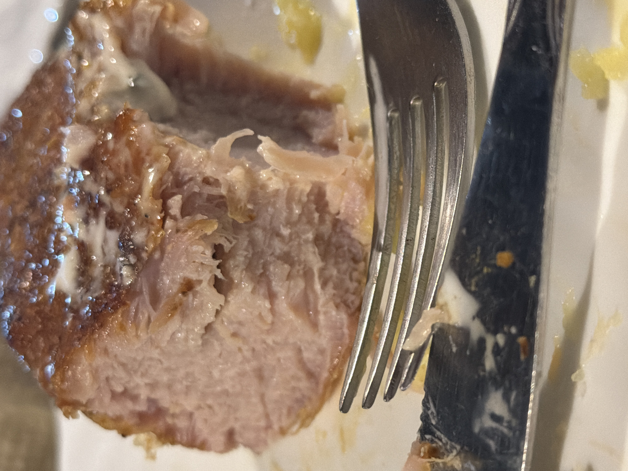 The image shows a close-up of a piece of cooked meat on a white plate. A fork and a knife are positioned next to the meat, suggesting it is being prepared for consumption. The meat appears to be tender, with a slightly browned exterior and a pinkish interior. There are some glistening highlights on the surface of the meat, possibly from sauce or fat. The plate has some yellow, possibly mashed, food on it as well. The lighting in the image is bright, creating reflections on the metallic utensils and the meat. The overall impression is a still life of a meal. There is no visible text in the image. The location context of Sochi, Russia does not provide any specific visual cues within the image itself, such as landmarks or typical environmental features.