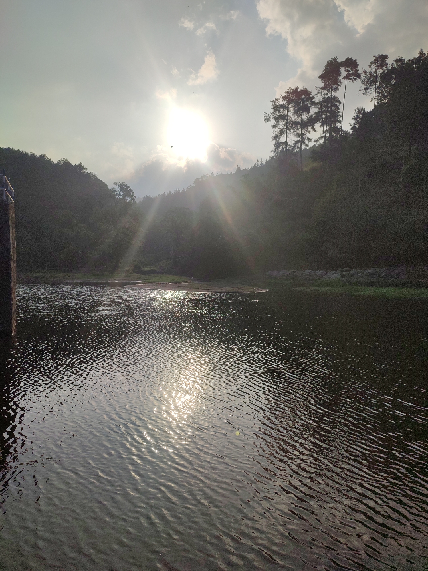 The image depicts a tranquil natural scene, likely a reservoir or a large body of water, situated in the city of Joho, Indonesia. The foreground is dominated by the dark, rippling surface of the water, reflecting the sky and sunlight. A concrete structure, possibly a part of a dam or bridge, is visible on the far left edge of the frame. The middle ground features a sandy or muddy shoreline transitioning into lush green vegetation. Beyond the water, a densely forested hill rises, its slopes covered in various types of trees, including a distinctive cluster of tall, slender pines silhouetted against the bright sky. The sun is high in the sky, partially obscured by clouds, and its rays are casting dramatic beams of light through the atmosphere and onto the water, creating a shimmering effect. The overall impression is one of serene natural beauty, with the interplay of light and shadow adding depth and atmosphere to the landscape.
