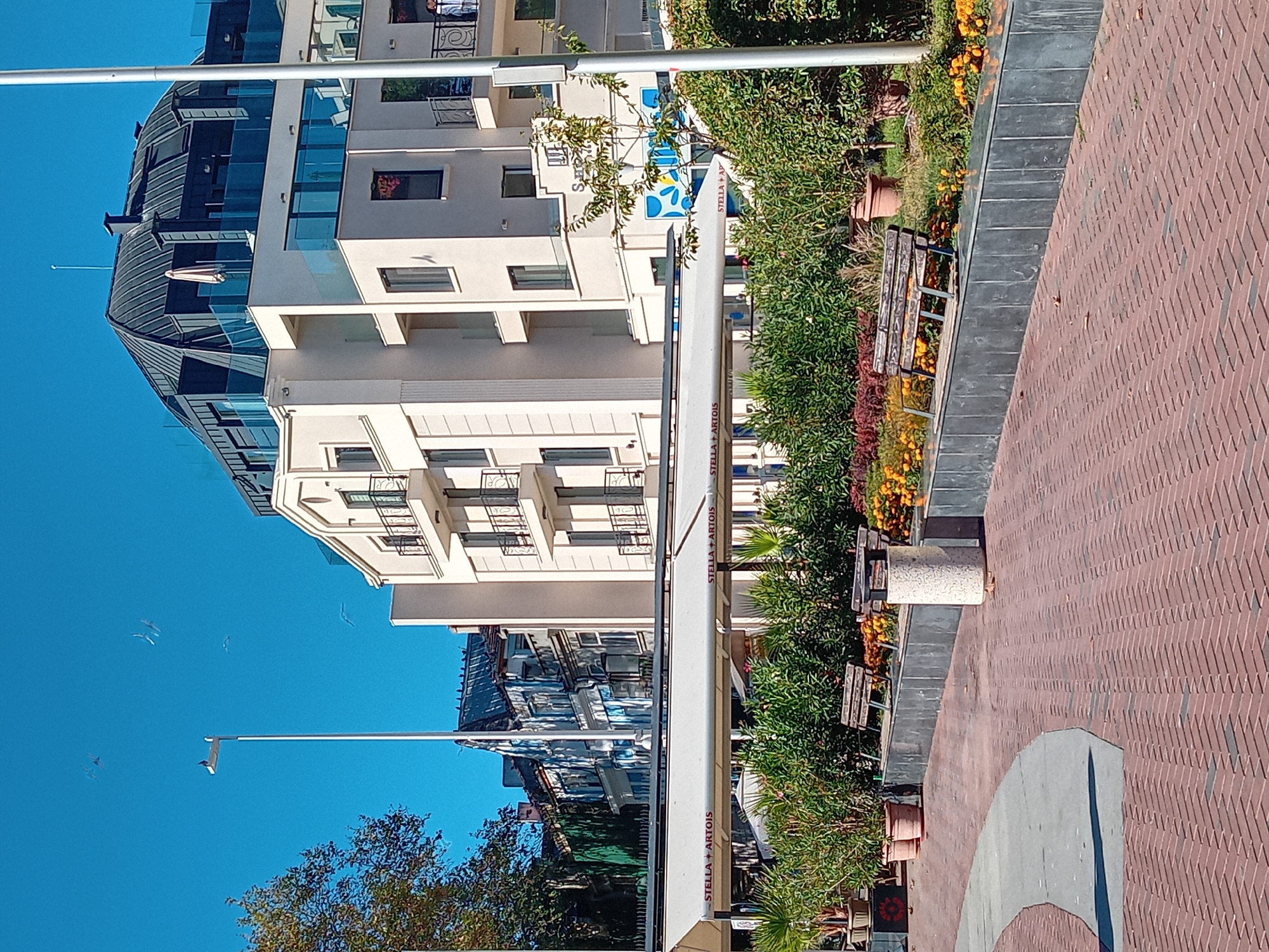 This is a photograph taken in Varna, Bulgaria, featuring a modern building complex with cream-colored facades and dark, curved roofs. The architecture includes balconies with black railings and large glass panels. In front of the buildings, a white awning with "STELLA + ARTOIS" branding stretches across a cafe or restaurant area. Surrounding this area is lush greenery, including potted plants and trees, and decorative yellow flowers. Two wooden benches and a cylindrical trash can are visible along a raised stone planter box. The foreground is paved with reddish-brown bricks laid in a herringbone pattern, with a curved gray walkway intersecting it. The sky above is clear and blue, with several birds flying in the distance. A street lamp is also present. The overall scene depicts a sunny day in an urban setting, likely a promenade or a public square with outdoor dining facilities.