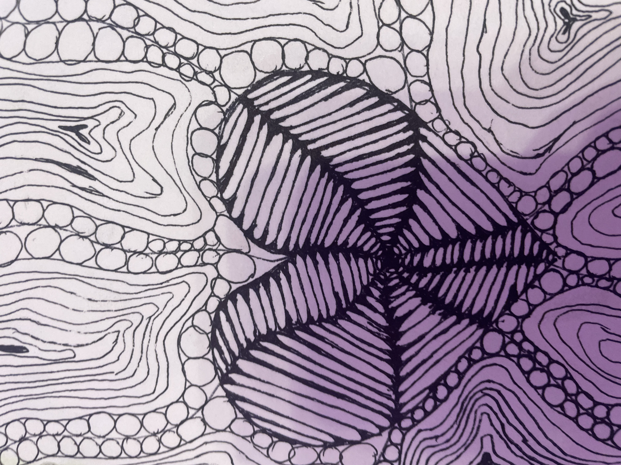 This is a close-up, low-angle, medium shot of an abstract drawing. The drawing features a heart shape filled with parallel lines that create a striped effect. The heart is outlined by a pattern of small circles and curved lines. The background is filled with a gradient of purple to white, with more curved lines and circles. The drawing is rendered in black ink on what appears to be paper. There are no people, actions, or environmental details present, as it is a depiction of a drawing only.