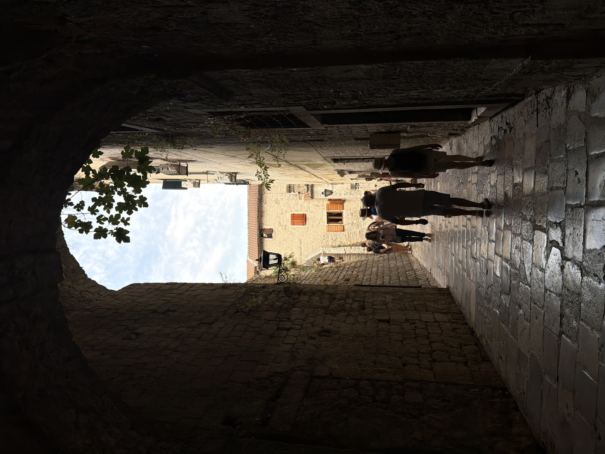 This is a photograph taken from within a stone archway, looking out into a narrow cobblestone street. The archway creates a dark, vignetted frame around the scene. In the distance, a sunlit building with red tile roofs and orange shutters is visible. Several people are walking along the street, mostly silhouetted against the brighter light. The building walls on either side of the street are made of rough stone. Lush green leaves from a branch hang down from the top of the archway on the right side. The cobblestones appear wet in places, reflecting the light. The sky above is blue with scattered white clouds. The location is identified as a street in the city of Žanjev Do, Montenegro.