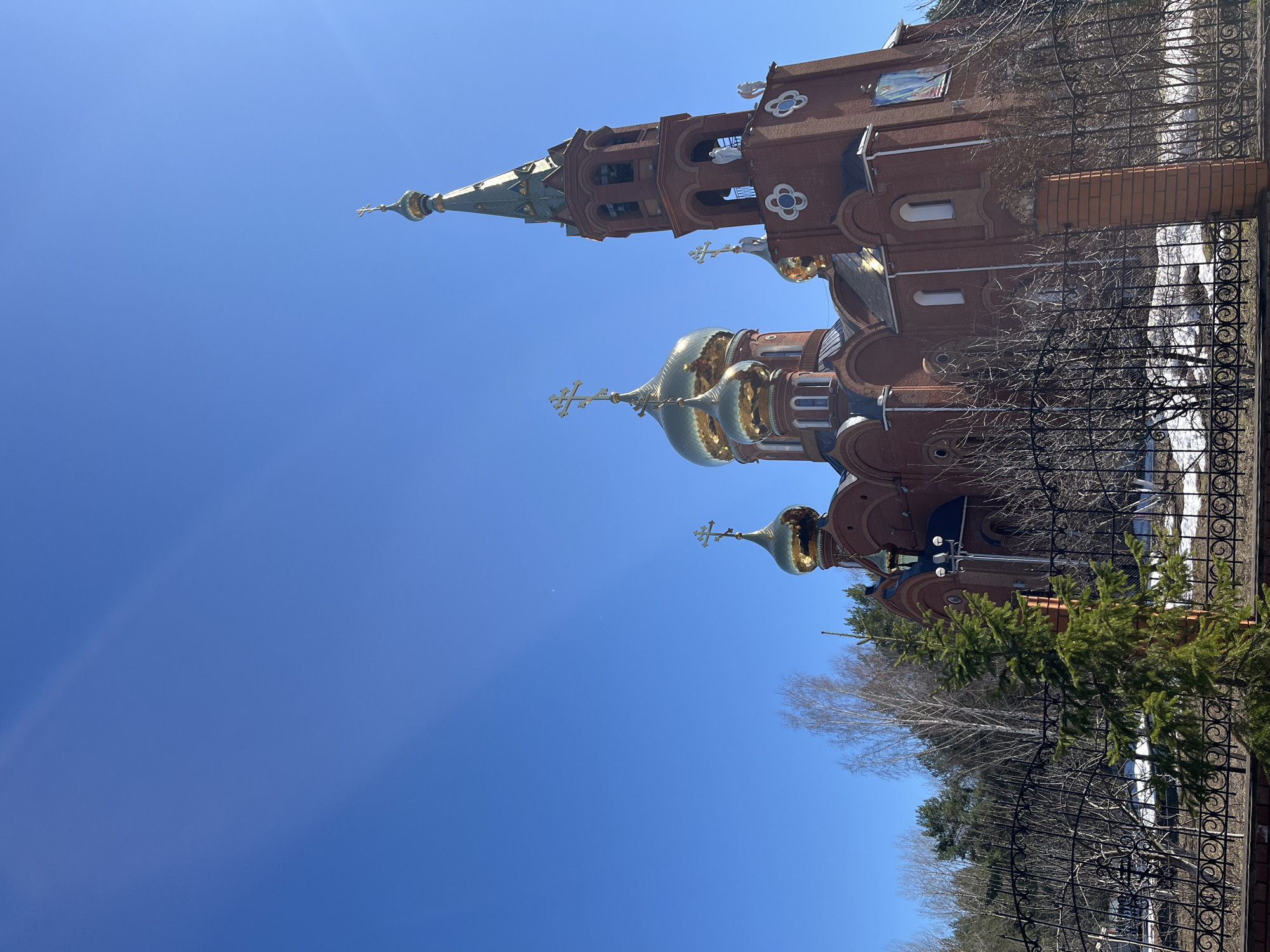 The image shows the Church of the Holy New Martyrs and Confessors of Russia, located in the city of Chaikovsky, Russia. The church is built of red brick and features multiple golden domes topped with Orthodox crosses. A tall bell tower with a green spire is part of the structure. The church is surrounded by a black metal fence. Trees and vegetation are visible near the fence, and patches of snow remain on the ground. The sky is clear and blue.