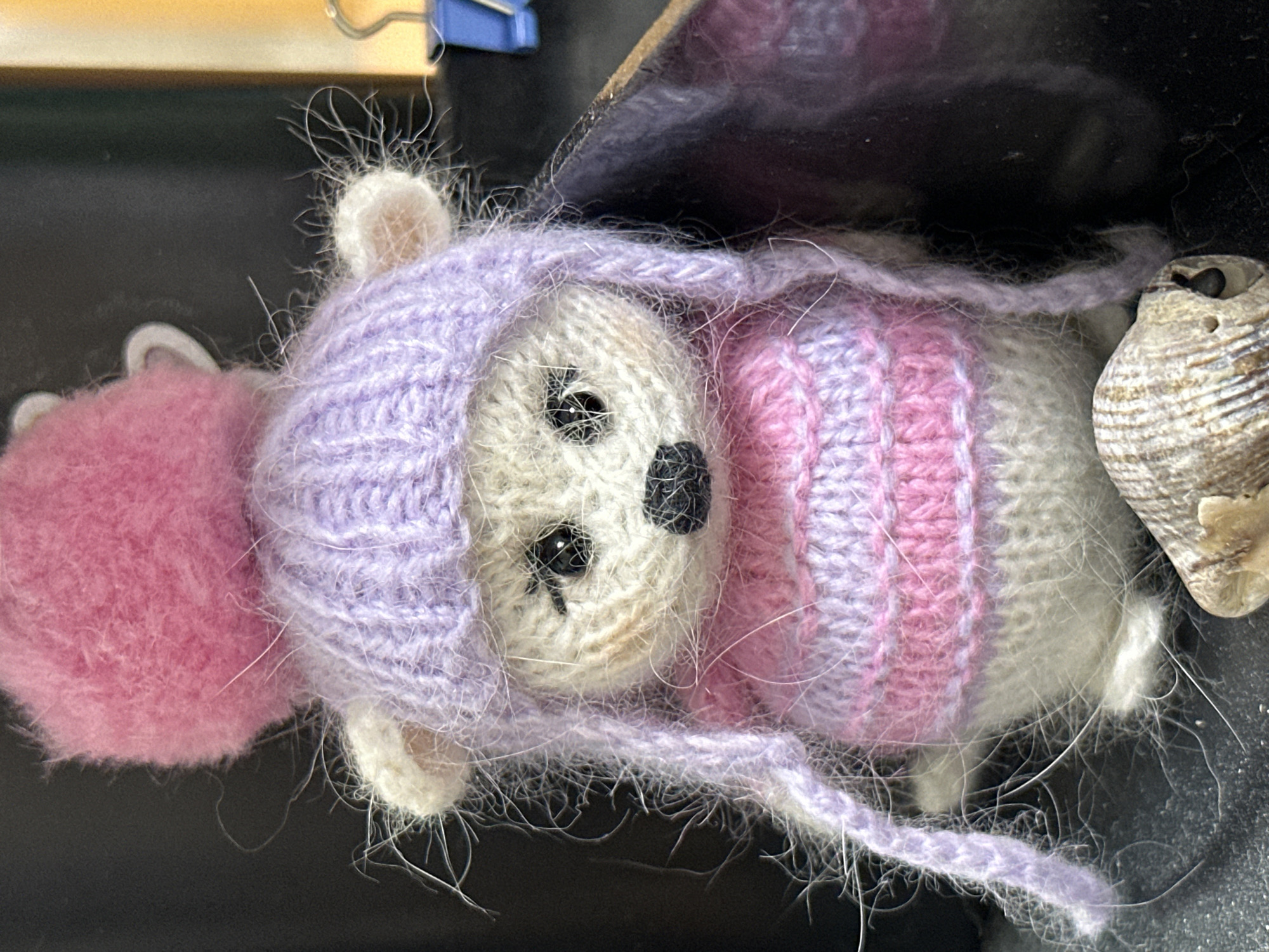 A handmade, knitted toy mouse is lying on a dark, possibly black, surface. The mouse has a light cream-colored face with black button eyes and a black button nose. It is wearing a lavender knitted bonnet-style hat with long ties, and a pink and lavender striped knitted sweater or wrap. Attached to the rear of the toy mouse is a large, fluffy pink pom-pom. To the right of the mouse is a small, textured seashell. The photograph's background contains a blue clip, a cardboard edge, and a dark, undefined space. The location or specific environment of the photograph, including the city of Chaikovsky, Russia, cannot be determined from the image content alone.