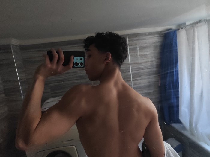 The image displays a young male capturing a mirror selfie within an indoor bathroom setting. The individual is shirtless, seen from the back, with his head turned to the right, looking over his shoulder. He possesses dark, curly hair with faded sides. A black smartphone, featuring multiple rear camera lenses, is held in his elevated left hand, angled to photograph his reflection. The immediate environment includes grey, horizontally striped wall tiles, a white shower curtain with a prominent blue section on the right, and a white washing machine partially visible in the lower-left background. A white towel is draped over an unseen object to the right of the individual's lower back. The specific location within As-Salihiya Municipality, Syria, is not ascertainable from the visual evidence presented.