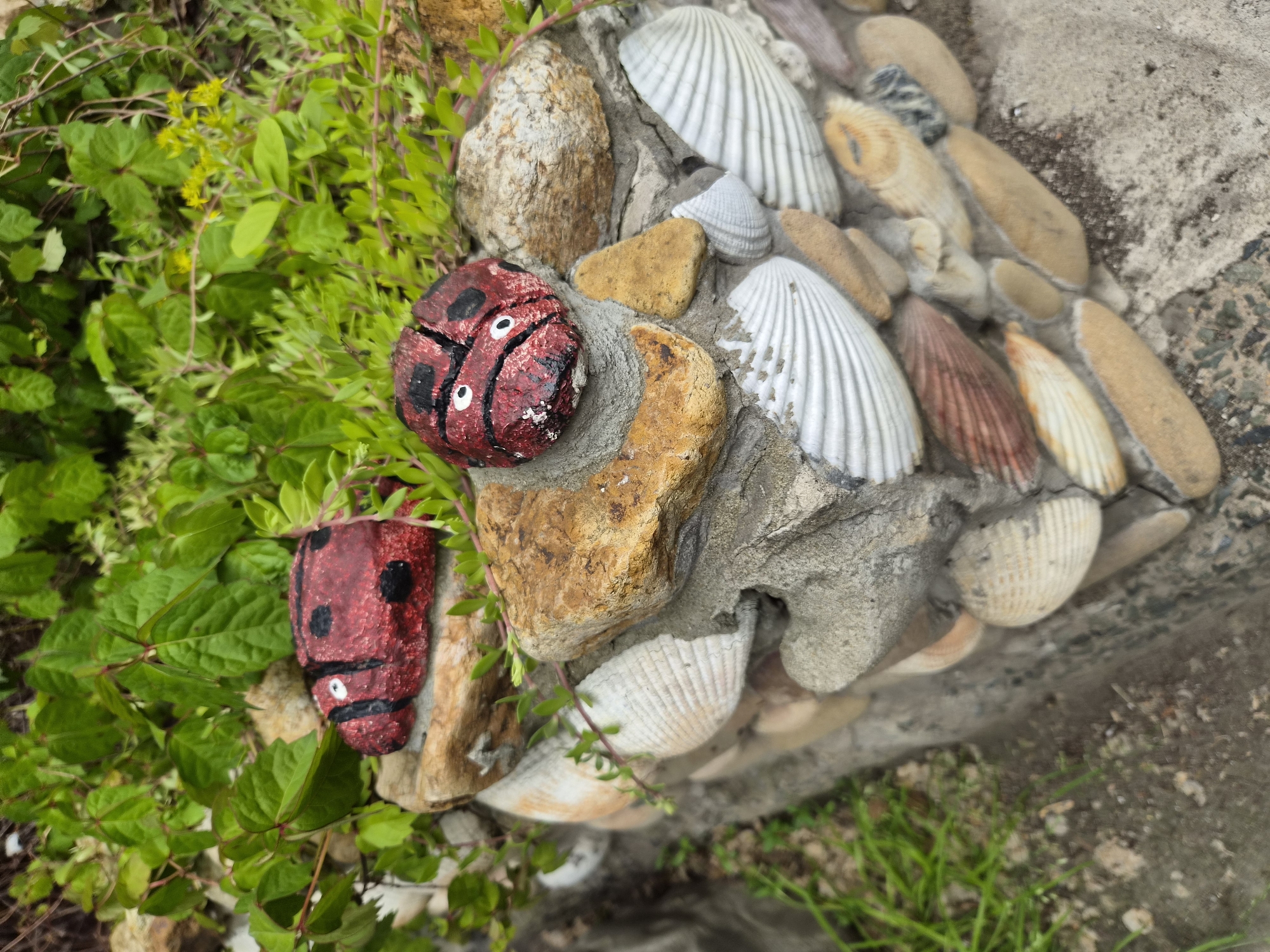 This image shows a close-up view of a decorative garden planter on a cloudy day, likely in Vladivostok, Russia. The planter is constructed from concrete and adorned with various seashells and smooth, rounded stones. Two small, painted rocks resembling ladybugs, with red bodies, black spots, and white eyes, are placed on top of the planter amongst green foliage. The planter itself is embedded with numerous seashells, predominantly white with ridged patterns, and some smaller, rounded stones. The surrounding environment consists of more greenery and a greyish, textured ground surface. The composition is focused on the planter's artistic details and its integration with the natural elements of the garden.