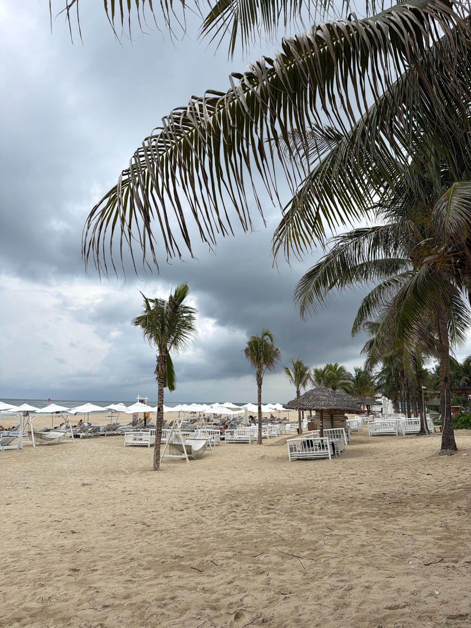 The image depicts a cloudy day at a beach resort in Đà Nẵng, Vietnam. In the foreground, a sandy beach stretches out with several white lounge chairs and umbrellas arranged in rows. Some hammocks and white wooden seating structures are also visible.
Further back, a line of palm trees runs along the edge of the beach, with some of them framing the view. A thatched-roof hut, likely a bar or relaxation area, is situated among the trees. In the distance, the ocean is visible under a dark, overcast sky, suggesting potential rain. A red flag is planted on a pole near the water's edge. A few people are scattered on the beach, relaxing on the lounge chairs or walking, but the scene appears generally uncrowded. The overall atmosphere is one of a resort preparing for guests, despite the gloomy weather.