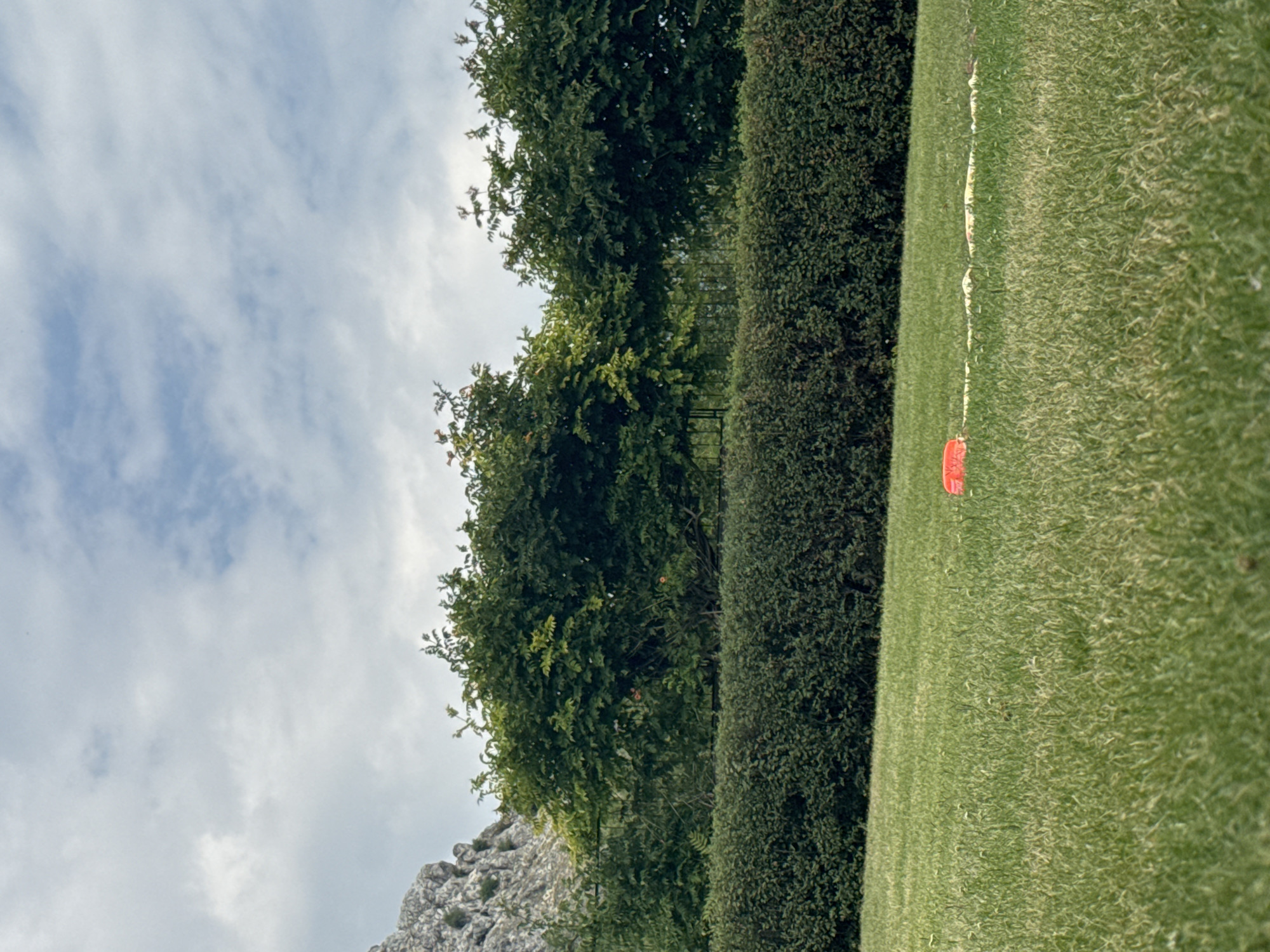 The image depicts an outdoor scene at the Hundertwasser-Krawina nature park in Hainburg an der Donau, Austria. The foreground is a lush green lawn, with a prominent orange object, possibly a children's toy, situated in the middle ground. Behind the lawn is a neatly trimmed dark green hedge, serving as a visual barrier. Beyond the hedge, a dense line of trees with full green foliage stretches across the frame. In the background, to the left, a rugged, grey rock formation rises, contrasting with the soft textures of the vegetation. The sky above is partly cloudy, with patches of blue sky visible through scattered white clouds.