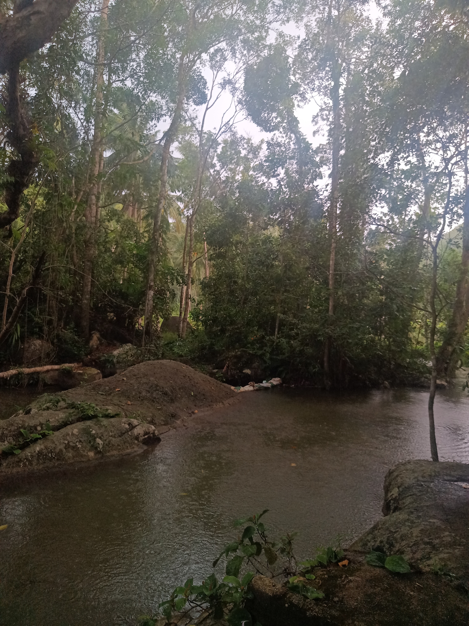 The image depicts a body of water, possibly a river or large stream, surrounded by dense vegetation and trees. The scene is located in Baan Thong Nang, Thailand. The water appears murky and possibly fast-flowing. Rocks and a dirt embankment are visible along the edge of the water. The sky is overcast, creating subdued lighting. No people or animals are visibly present. The overall environment suggests a natural, possibly forested area.