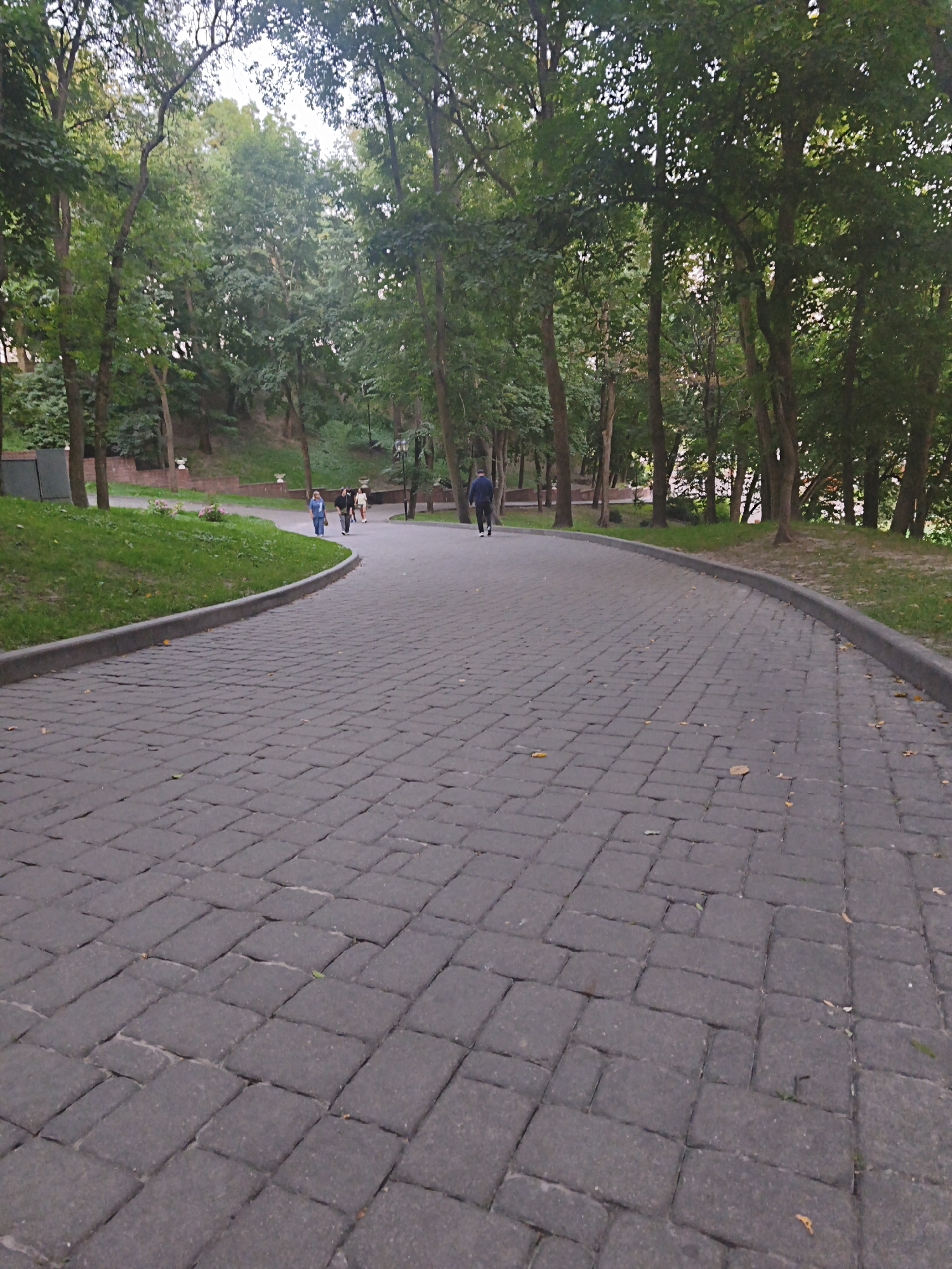 The image depicts a paved pathway in a park in Homyel, Belarus. The pathway is constructed from dark gray interlocking pavers, curving to the right and extending into the distance. Flanking the pathway on the left is a grassy slope bordered by a concrete curb. To the right, the pathway continues with a similar curb. Beyond the grassy area, several trees with lush green foliage are visible. In the background, more trees create a dense canopy, suggesting a wooded or park-like environment.
There are several people present in the image. On the pathway in the mid-ground, a group of four individuals are walking away from the camera. One person in the front of this group is wearing a blue top. Further in the distance, on the pathway, a single individual in a dark jacket and dark pants is walking away from the camera.
The overall scene suggests a calm, everyday moment in a public park, likely during daylight hours given the illumination. The environment is natural and well-maintained, with the paved pathway serving as a clear route through the greenery.