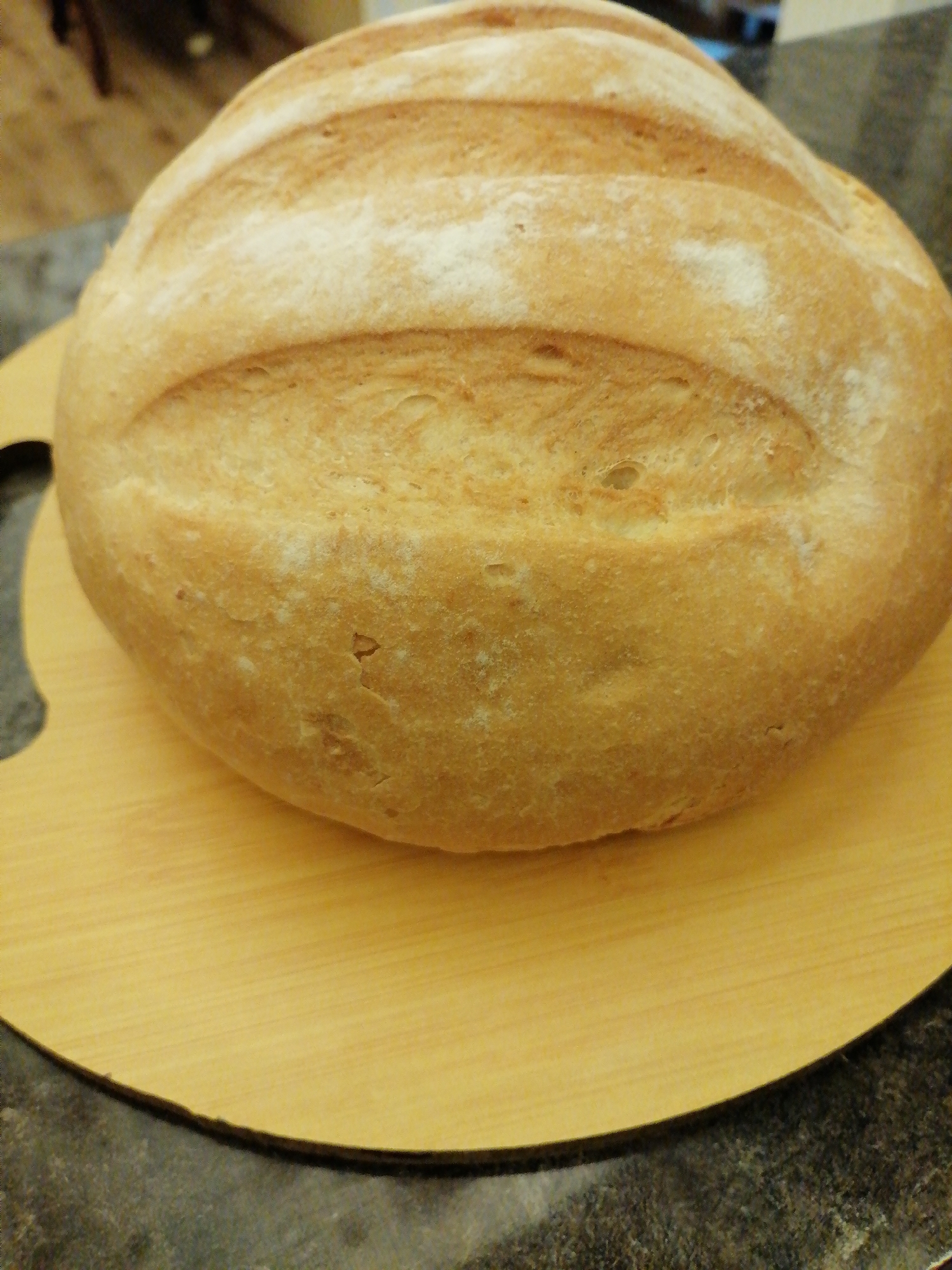 A loaf of bread with a golden-brown crust sits on a light-colored wooden board. The bread is oval-shaped and has visible scoring marks on its surface, dusted with flour. The wooden board is round with a beveled edge and rests on a dark, speckled countertop. The background is blurred, showing hints of brown furniture and what appears to be a wall. The image is a close-up shot, focusing primarily on the bread and the board it rests on. There is no indication of the city of Rustavi, Georgia, in the image.