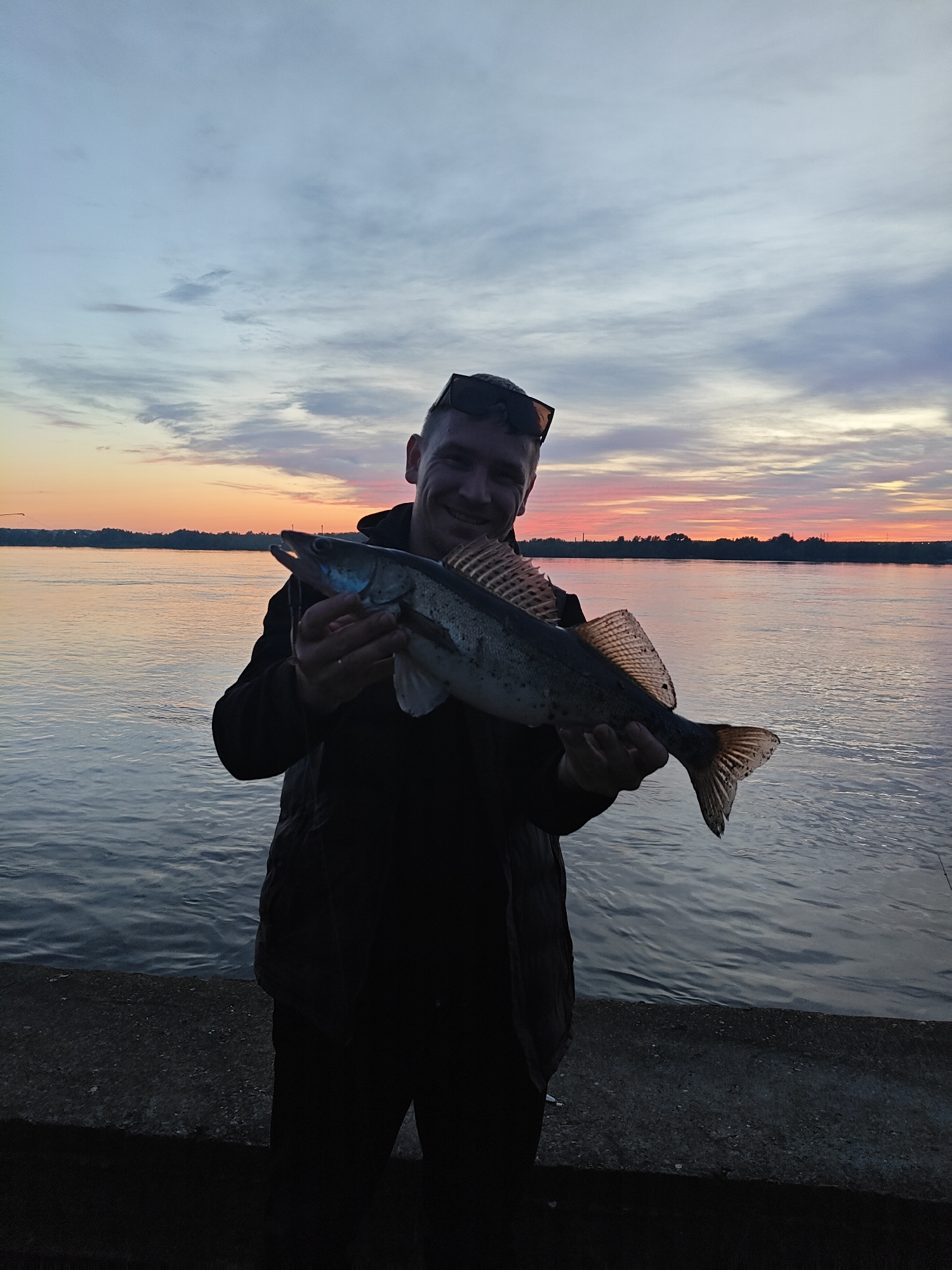 A man smiles as he holds a fish in front of a river with a sunset backdrop. The man has short hair and wears sunglasses on top of his head. He is dressed in dark clothing. The fish has visible dorsal fins and scales. The river is calm with reflections of the sunset. In the background, a line of trees is visible along the horizon where the river meets the sky. The sky is filled with clouds tinted with orange, pink, and grey hues from the sunset. The image appears to be taken near a concrete embankment or shore. This location is plausibly Chaikovsky, Russia, given the landscape and sunset colorations, if the river is a body of water nearby.