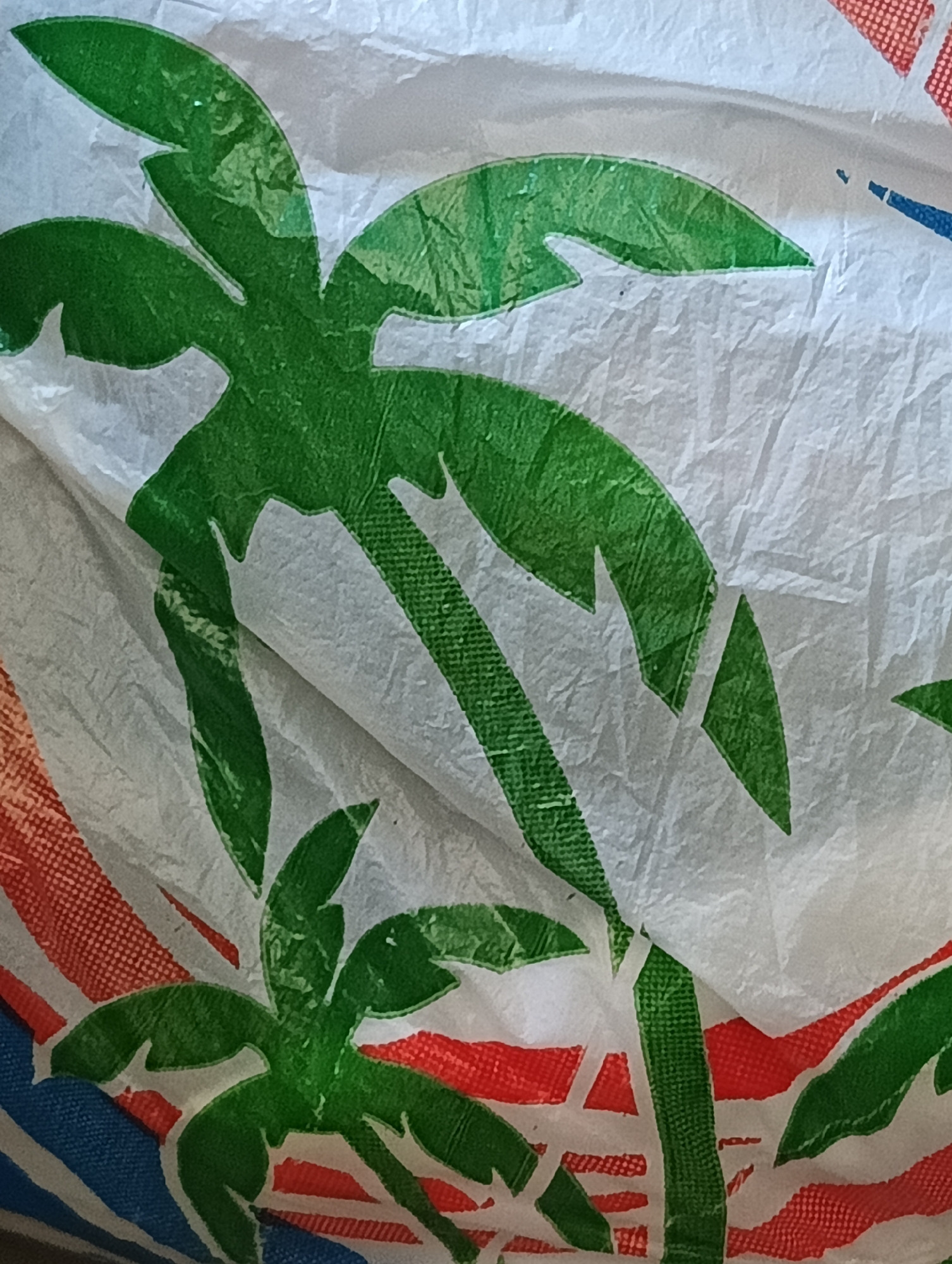 This close-up image features a section of a white, crinkled, and textured material, likely a woven polypropylene bag or tarp, adorned with a tropical-themed pattern. The dominant subject is a stylized palm tree printed in dark green. The palm tree features several fronds, some with sharp, angular cut-outs, giving it a somewhat geometric appearance.
The background of the material is predominantly white, but its wrinkled surface creates varied light and shadow, highlighting its pliable nature. Interspersed with the green palm tree motif are abstract stripes or shapes in red and blue. The red and blue sections, especially, clearly show a fine, grid-like woven texture, characteristic of certain synthetic fabrics used for bags or packaging. The green print itself also shows some texture, suggesting it's applied to the woven material.
There are no people or specific activities taking place; the image is a static shot of an object. No discernible text is visible on the material. The material's creased and folded state suggests it has been handled or stored. The image provides a detailed view of the material's texture and printed design elements. The context provided indicates the image was taken in Biliaivka, Ukraine.