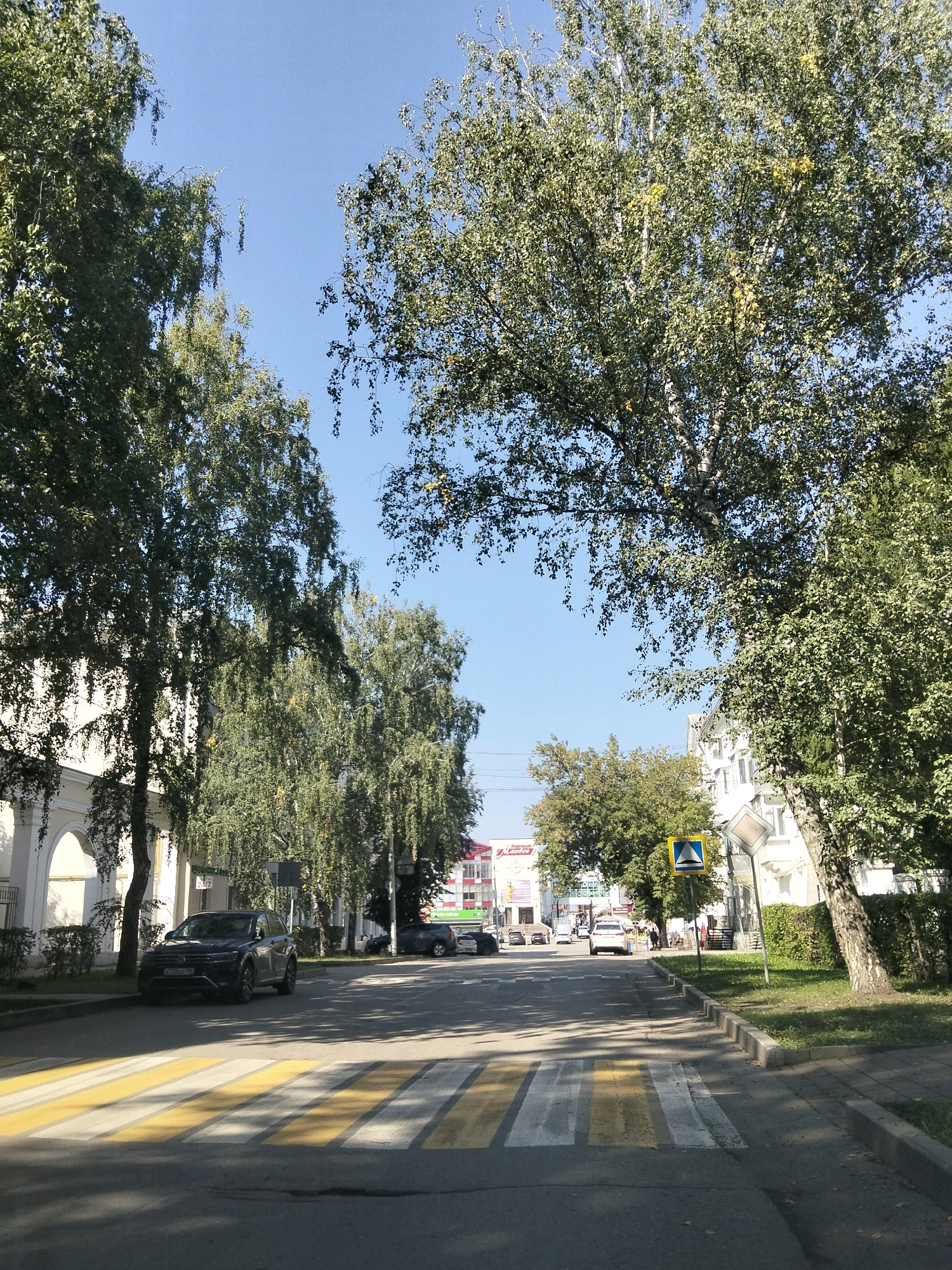 In Oktyabrsky, Russia, a street scene unfolds under a clear blue sky. Tall trees with green foliage line both sides of the road, casting shadows on the asphalt. In the foreground, a pedestrian crossing is marked with bright yellow and white stripes. A dark-colored SUV is parked on the left side of the road, facing away from the camera, with its license plate visible. Further down the street, other vehicles are seen moving or parked, and buildings with white facades and arched windows are visible on the left. On the right side, there is a sidewalk with a green grassy area and more trees. A yellow diamond-shaped traffic sign with a blue triangle inside, indicating a pedestrian crossing, is posted near the sidewalk. The overall impression is a quiet, urban street scene in what appears to be a residential or commercial district.
