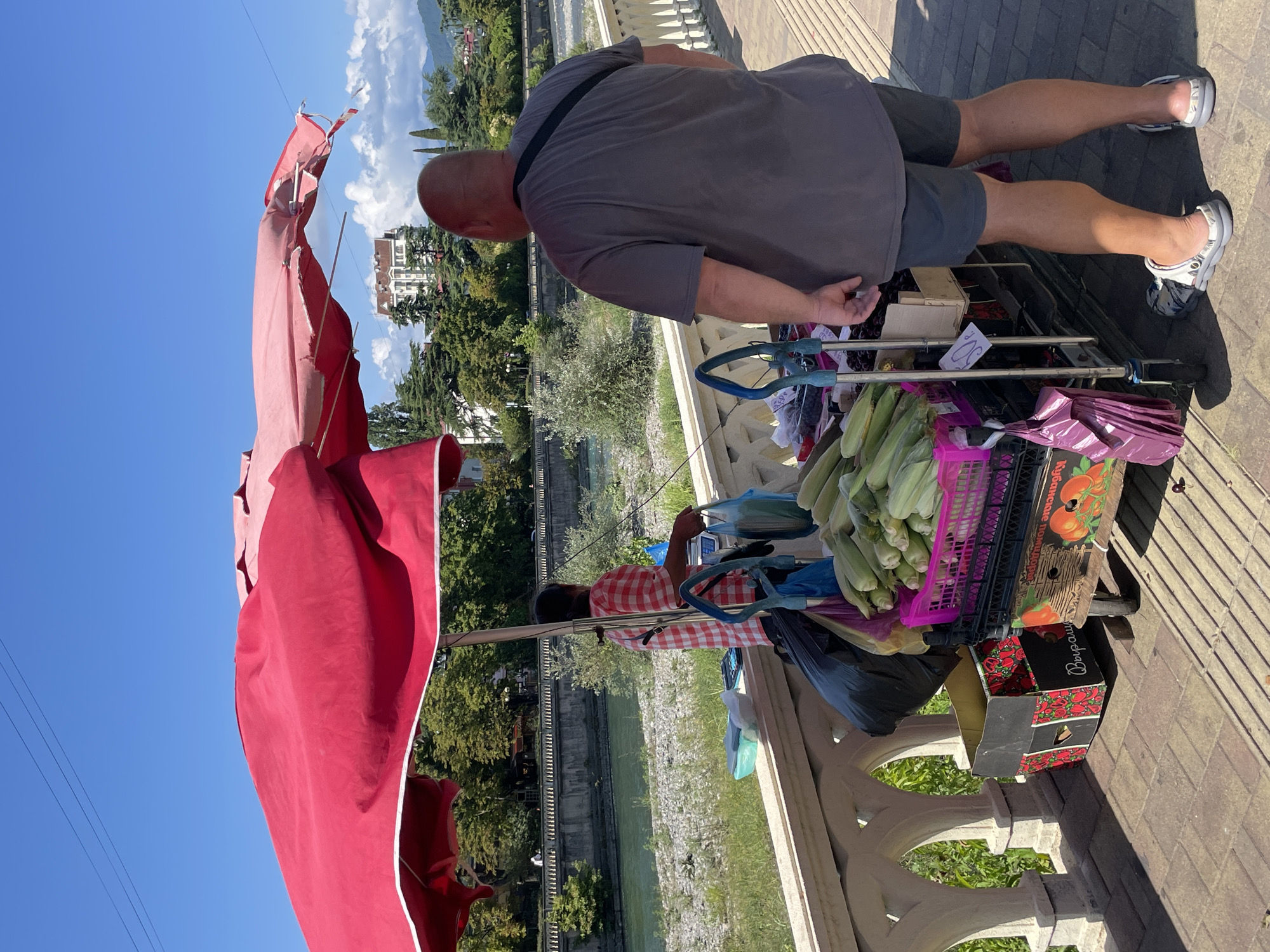A man wearing a gray t-shirt and shorts stands at a fruit and vegetable stand under a large pink umbrella. He is facing away from the camera, looking towards a river. Next to him, a vendor in a red and white checkered shirt is holding a blue bag and appears to be weighing produce. The stand displays corn, blueberries, and other produce in crates. In the background, a river flows, with green trees and buildings on the opposite bank. The scene is set along a paved walkway with a decorative stone railing. The location is the embankment along the Khosta River in Sochi, Russia.