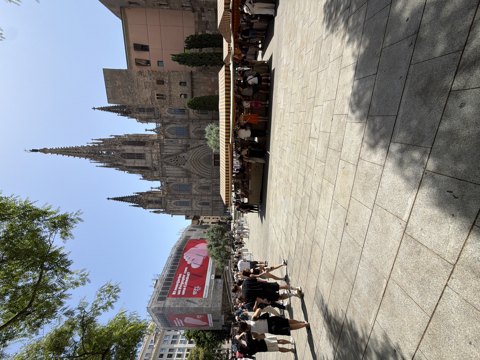 This is a street-level, eye-level, vertical, full-shot photograph of the Barcelona Cathedral in Barcelona, Spain. The cathedral is a large, Gothic-style building with spires and intricate stonework. In front of the cathedral, there is a large, paved public square with a market set up. The market consists of several stalls with striped awnings selling various goods. Many people are walking around the square, browsing the market stalls, or standing in groups. To the left of the cathedral, a large building is covered in scaffolding and has a prominent red banner with text and an image of a foot on it. The sky is clear and blue, and the sun is casting shadows on the ground, indicating a bright day. The overall scene depicts a lively urban environment with a mix of historical architecture, commercial activity, and pedestrian traffic.
