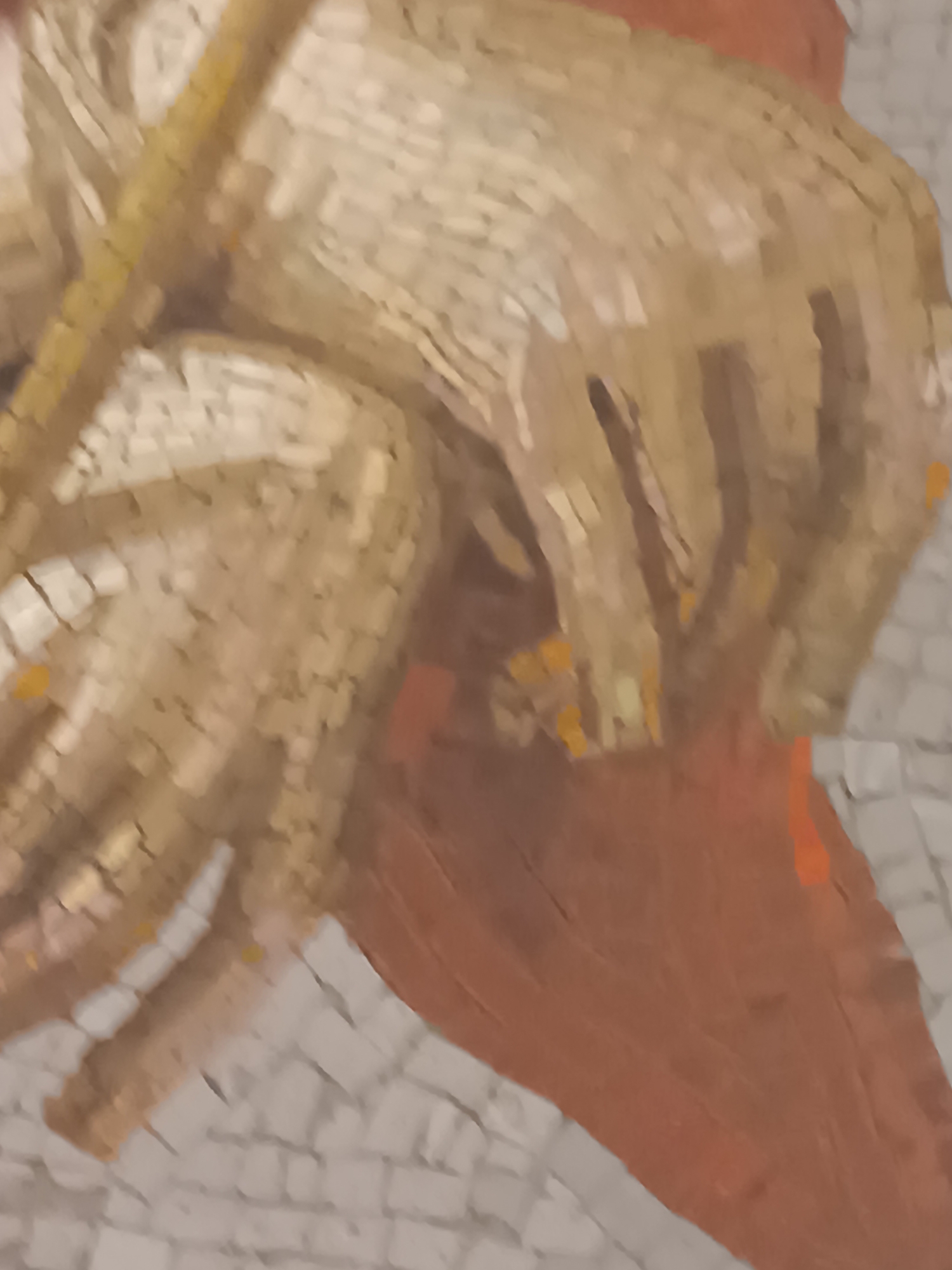 This is a close-up mosaic detail from the Ducal Palace of Colorno, Italy. The image focuses on two hands, rendered in a pale, creamy mosaic, holding a golden object, possibly a scepter or a scroll. The hands are detailed, showing distinct fingers and the texture of the skin. Behind the hands, a rust-colored mosaic forms a flowing shape, possibly representing drapery or a background element. The overall style suggests a classical or Renaissance depiction, common in Italian palaces. The mosaic tiles are small and tessellated, creating a somewhat pixelated appearance.