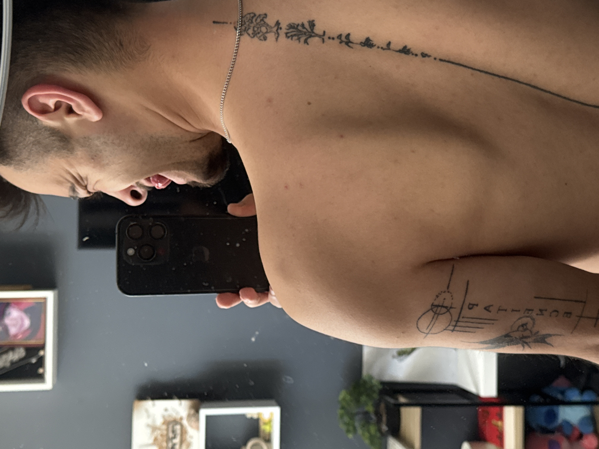 The image is a mirror selfie showing a male from the side, focusing on his upper body and profile. He has short, dark hair with faded sides and a short beard. His left ear is prominent, and his face shows an expressive, possibly playful or humorous grimace, with his mouth open and tongue slightly out. He appears to be shirtless, wearing a thin silver chain necklace around his neck.
On his upper back, near his spine, there is a linear tattoo composed of delicate, abstract or plant-like symbols. On his left arm, a more intricate tattoo features geometric lines, circles, a bird-like figure, and the word "PATIENCE" written vertically.
He is holding a dark smartphone, likely an iPhone, in his right hand, reflecting part of the room in which the selfie is being taken. The reflection shows parts of a dark-colored wall, framed pictures or artwork, and a small potted plant. The setting is indoors, with no specific time of day or weather discernible. There are no direct visual cues in the image to indicate its specific location as Sofia, Bulgaria.