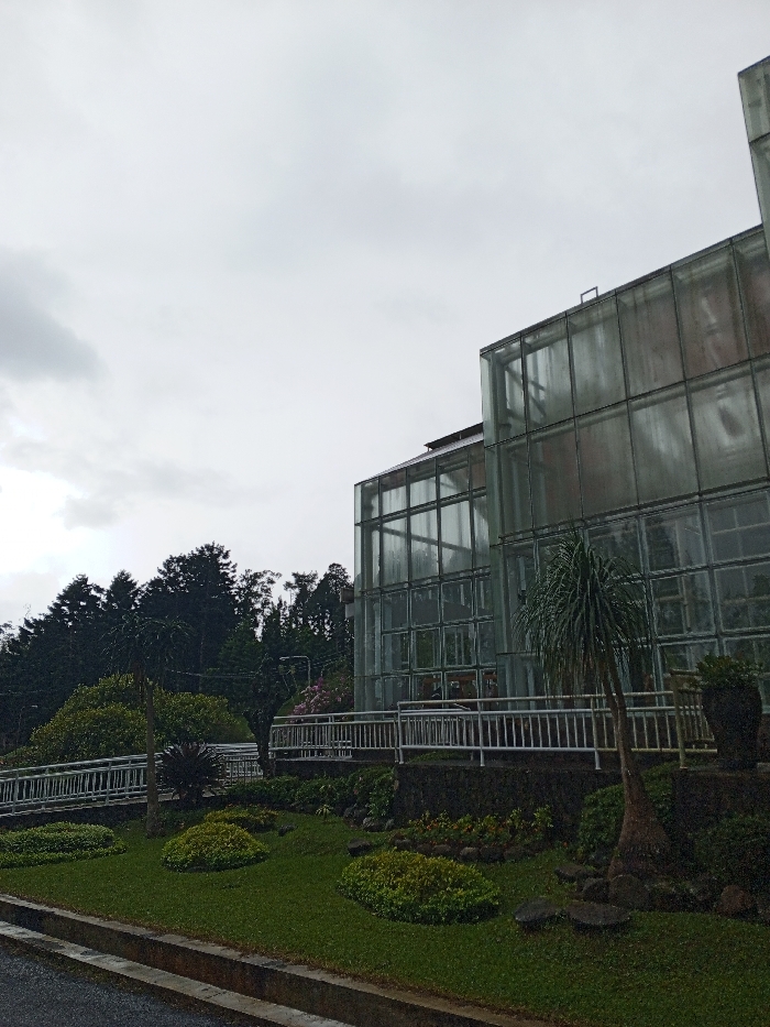 The image captures a modern glass-clad building set amidst lush natural surroundings under an overcast sky, likely in Khe Sanh Commune, Vietnam. The scene presents a tranquil outdoor environment with no apparent human activity.
The prominent subject is a large, multi-story structure with a facade composed of numerous square or rectangular translucent glass panels, giving it a greenhouse-like appearance. The glass reflects the gray sky and surrounding vegetation, indicating its reflective quality. Parts of the building's internal structure or dark roofing are visible through the glass at the top.
To the left of the building, a dense forest of dark green conifer-like trees rises up a hillside, suggesting a natural or mountainous landscape. In the foreground and around the building, manicured lawns are dotted with neatly trimmed bushes, smaller trees, and decorative rocks, creating a landscaped garden. A light-colored metal railing or fence curves along a pathway or elevated section of the garden, leading towards the building. A paved road or path with a curb is visible in the bottom left, suggesting accessibility.
The weather is distinctly overcast, with a uniform gray sky dominating the upper portion of the image, diffusing the light and creating soft shadows. This suggests either a cloudy day, early morning, or late afternoon. The overall mood is quiet and subdued. No people or visible text are present in the image.