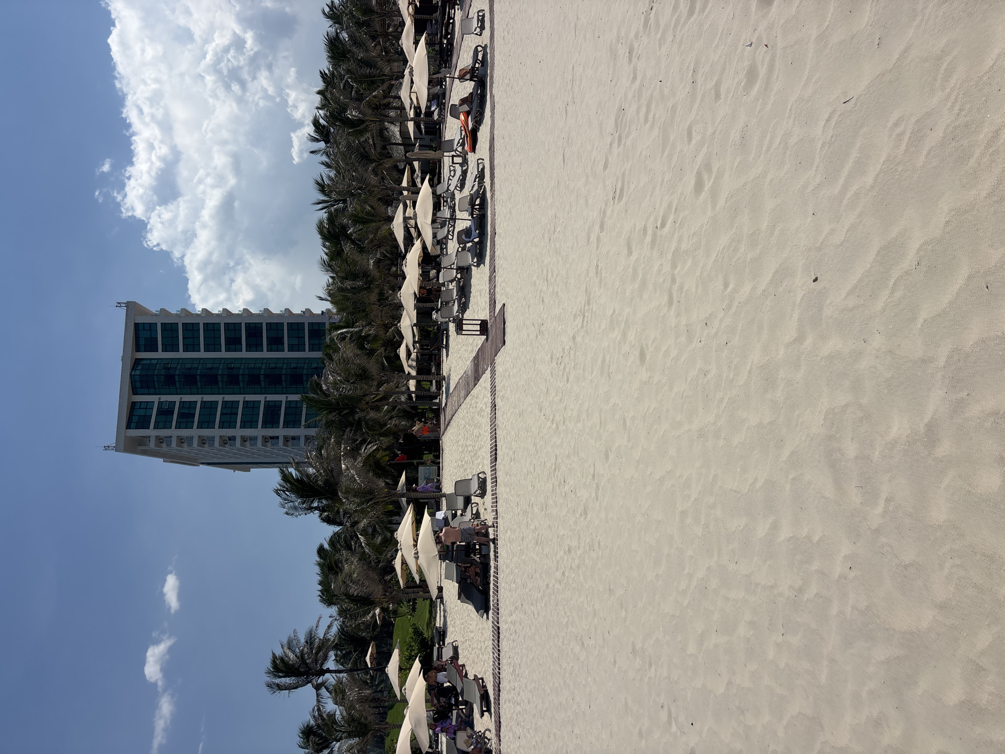 A wide shot of a tropical beach on a sunny day shows a resort building in the background and many palm trees lining the edge of the sand. The beach itself is covered in light-colored sand with rows of empty lounge chairs and open umbrellas arranged in groups. Several people are visible scattered among the chairs, some relaxing and some standing. Wooden pathways are laid out across the sand, connecting different areas of the beach. The sky is blue with a few fluffy white clouds.