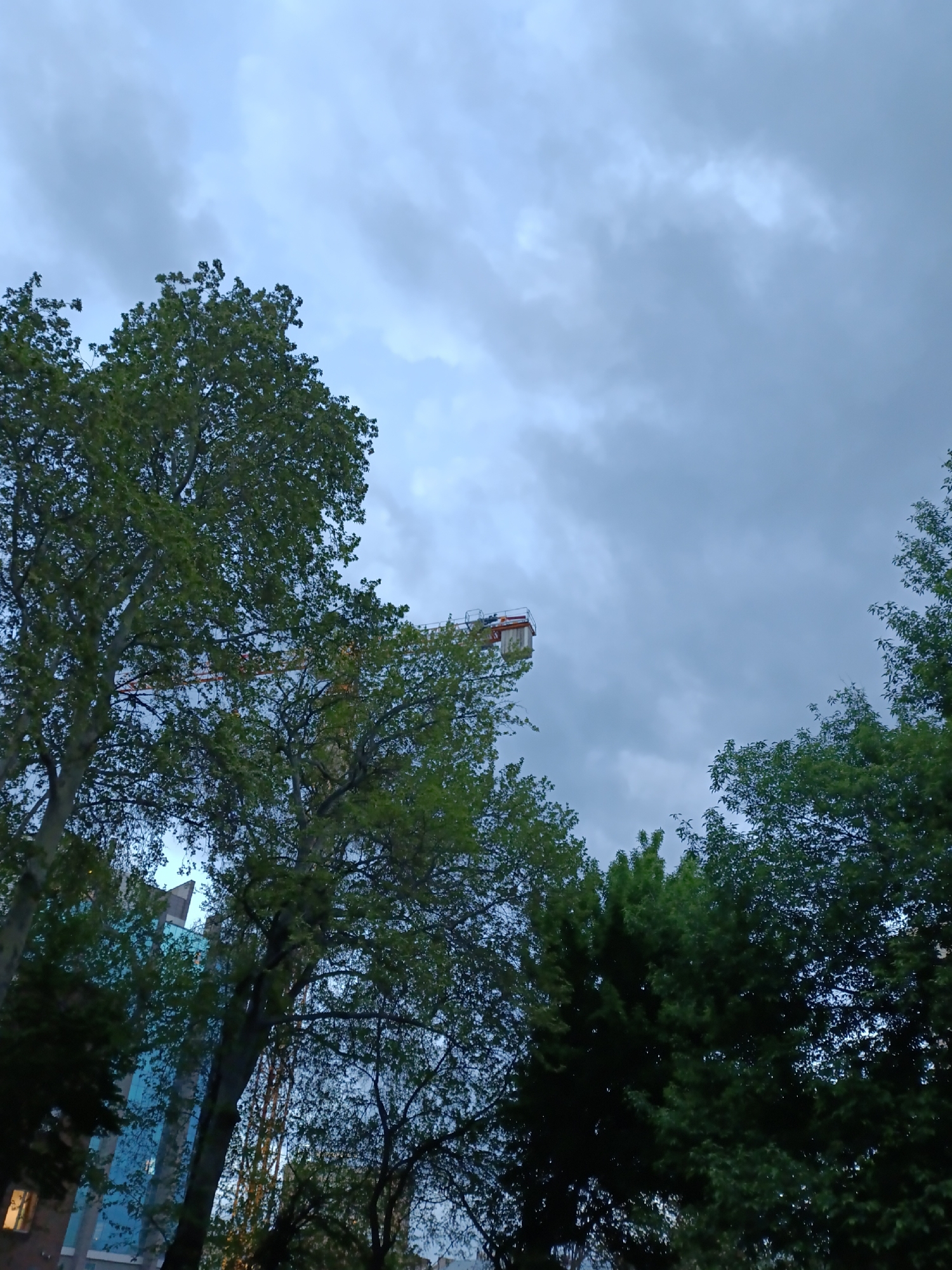 The image shows a cloudy sky over Yerevan, Armenia, with trees in the foreground and a construction crane visible in the center of the frame. A blue building is partially visible behind the trees on the left side. The scene appears to be taken during dusk or early evening.