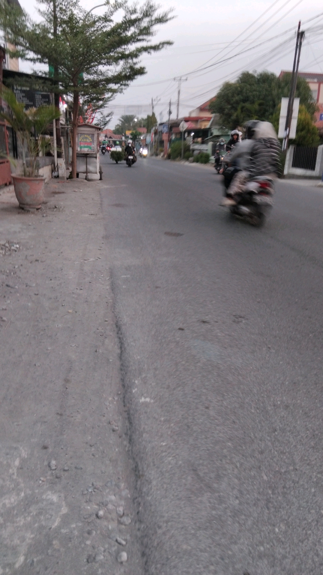 This is a street-level, slightly blurry photograph taken in Tegal, Indonesia, likely during daytime given the lighting. The scene depicts a road with several motorcycles, some carrying riders and others with visible cargo. On the left side of the road, there is a sandy, unpaved area with a large potted plant and a small cart. Buildings line the right side of the road, with power lines visible overhead. The road surface appears to be asphalt, with some wear and tear. The overall atmosphere is that of a typical urban street in Indonesia.