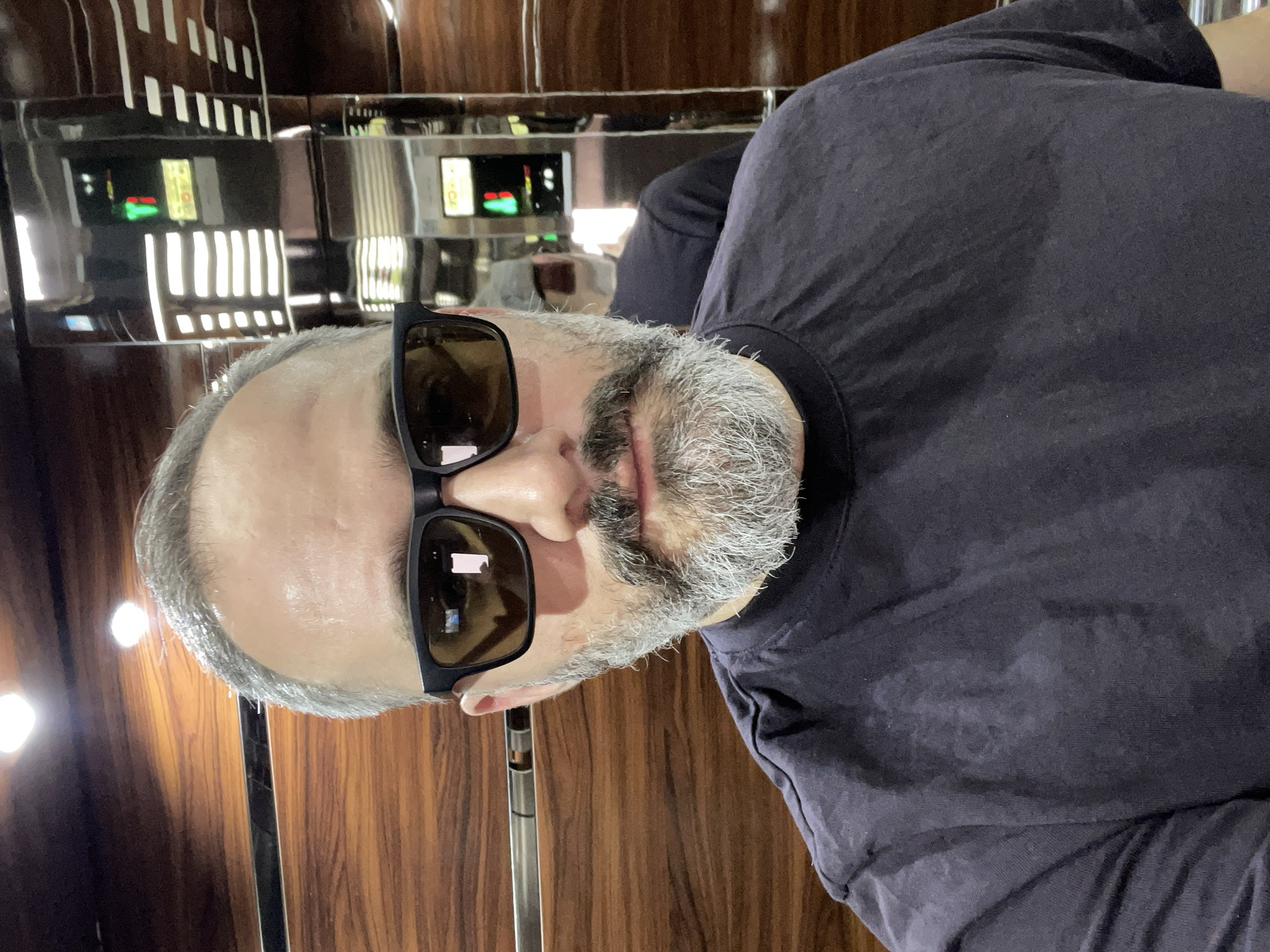 A man with graying hair and a beard is taking a selfie in an elevator. He is wearing sunglasses and a dark t-shirt. The elevator walls appear to be made of wood paneling and polished metal, with an elevator control panel visible in the background. The setting is an indoor elevator, likely in a building in Tbilisi, Georgia, based on the provided information. The man's reflection is visible in the elevator's mirrored surfaces.