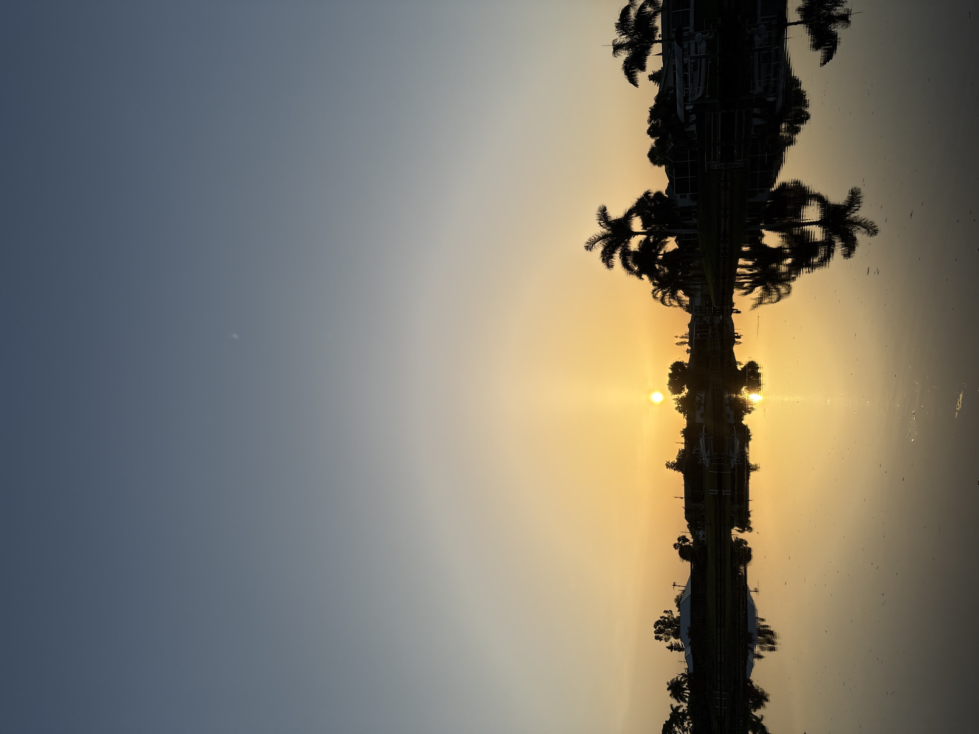 This image depicts a serene sunset scene over a calm body of water, likely a canal or lake, in North Port, Florida. The sky transitions from a clear, pale blue at the top to a warm yellow and orange gradient near the horizon, indicating the setting sun. The sun itself is a bright, glowing orb positioned just above the tree line.
Silhouetted against the vibrant sky are palm trees and other vegetation lining the far bank of the water. The reflections of these trees, along with the sun's glow, are clearly visible on the still surface of the water, creating a symmetrical and picturesque effect. In the distance, hints of buildings and structures, possibly residential homes, can be observed amongst the trees. A boat is also visible docked near the shore. The overall impression is one of tranquility and natural beauty at the end of the day.