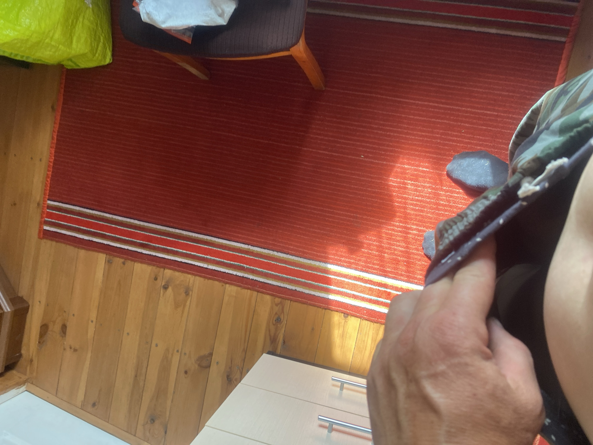 A high-angle shot shows a person's hand holding a piece of clothing, possibly underwear, in front of their body. They are wearing gray socks and patterned shorts. The person is sitting on a red rug with white, brown, and red stripes. The rug is placed on a wooden floor. In the background, a green bag and part of a chair are visible. The room appears to be a domestic setting.