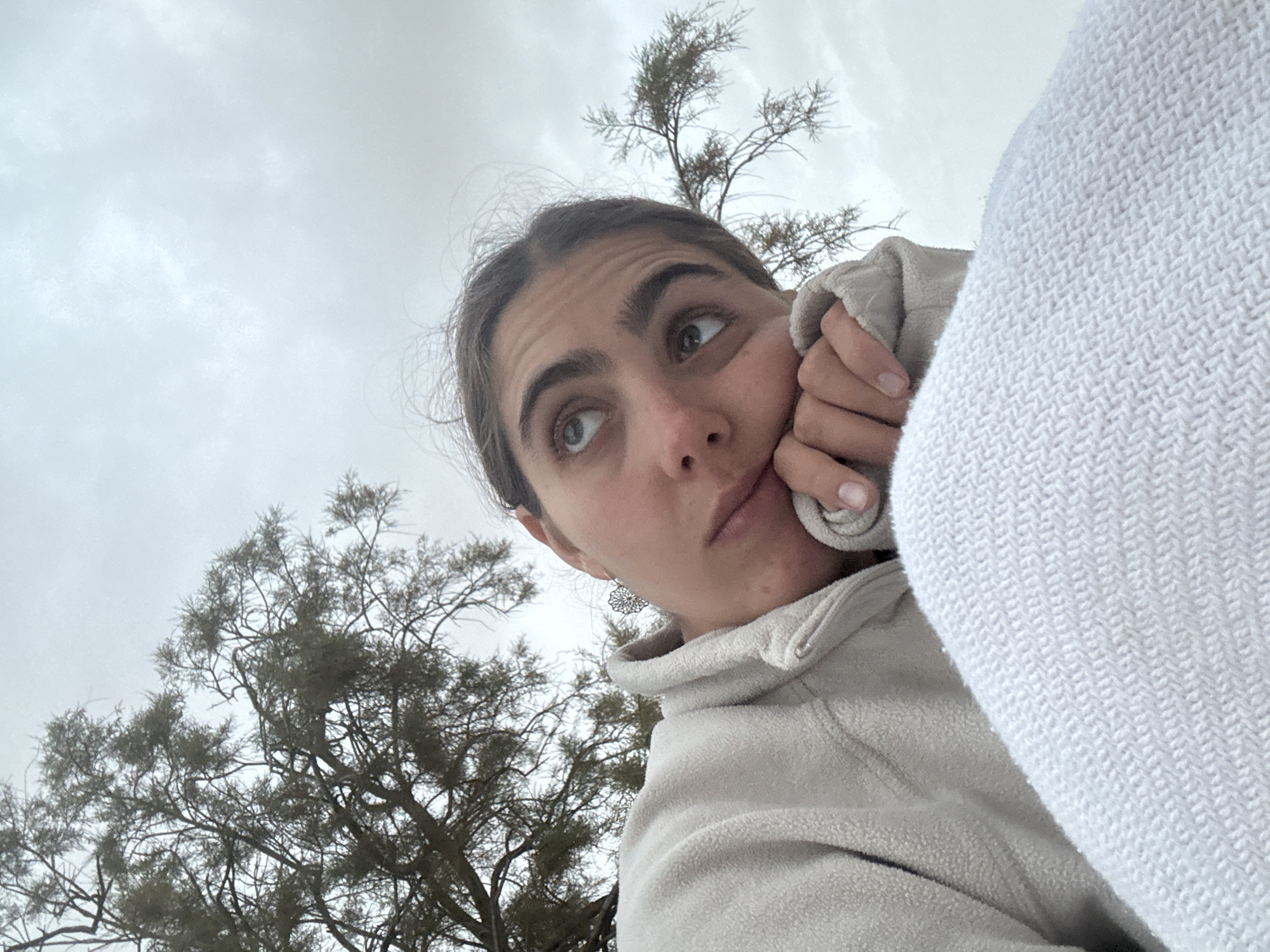 A low-angle shot captures a woman outdoors against a cloudy sky, with two trees framing her. The woman rests her cheek on her hand, with a slightly contemplative expression. She is wearing a light-colored fleece jacket under a white patterned sweater, likely a hoodie based on the visible drawstring. The trees are bare, with fine branches reaching upwards. The location is presumed to be Hevel Eilot Regional Council, Israel, based on the prompt. The lighting suggests an overcast day.