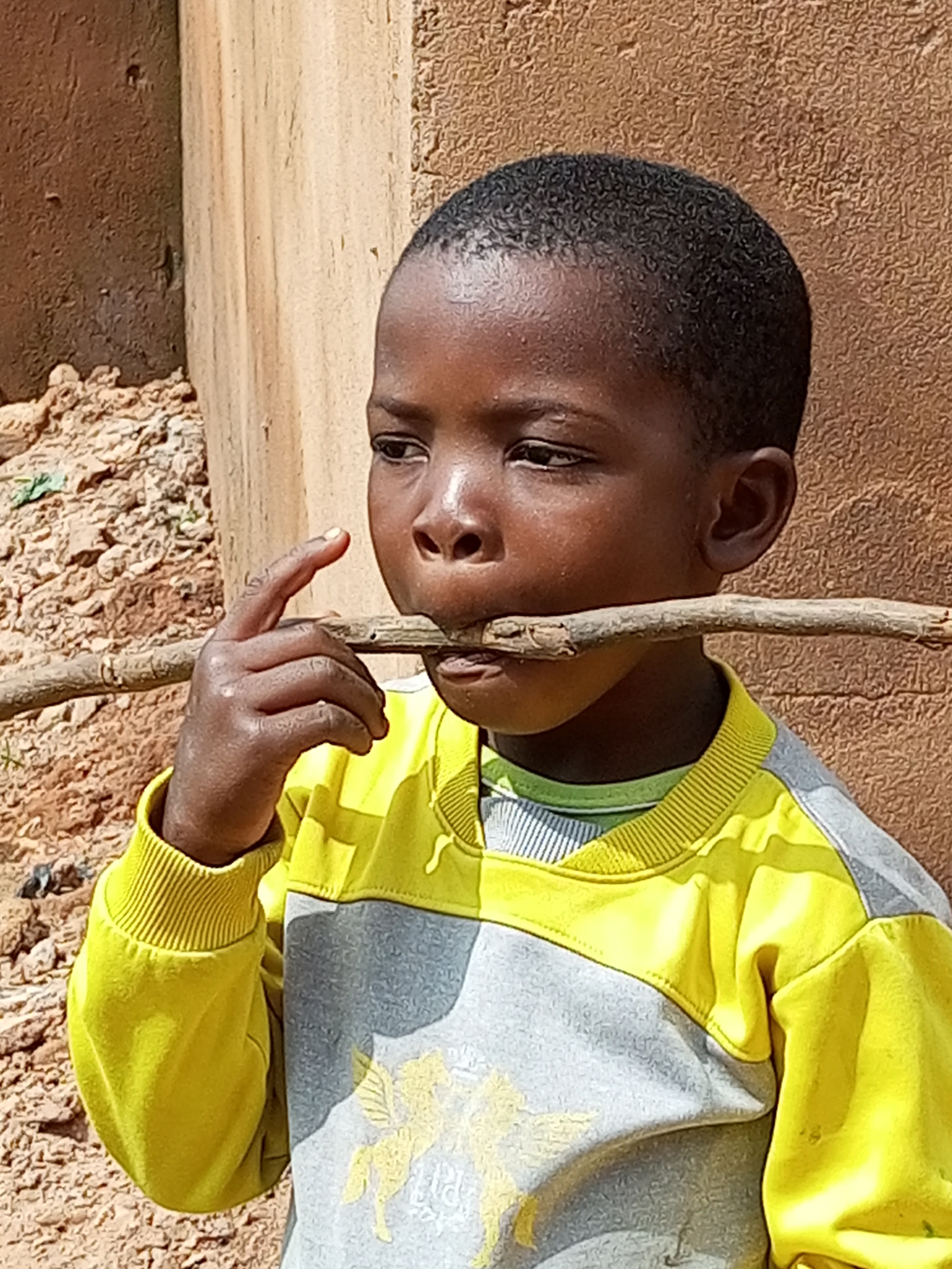 A close-up, medium shot captures a young Black child from the chest up, standing in what appears to be an outdoor, possibly rural setting. The child is holding a thin, dry stick horizontally in their mouth, with their right hand supporting it near their cheek. The child's gaze is directed slightly to the left of the camera. The child is wearing a long-sleeved sweatshirt with a color-blocked design: the upper portion and sleeves are bright yellow, while the chest area is gray with a faint yellow graphic. The background consists of a textured, light brown wall on the right and a rough, reddish-brown dirt mound with sparse foliage on the left, suggesting a construction or undeveloped area. The lighting suggests daylight, casting shadows that highlight the contours of the child's face and clothing. The image is focused on the child and the stick, with the background slightly out of focus. The location of Tempure, Nigeria is a speculative inference not directly supported by visual evidence within the image itself.