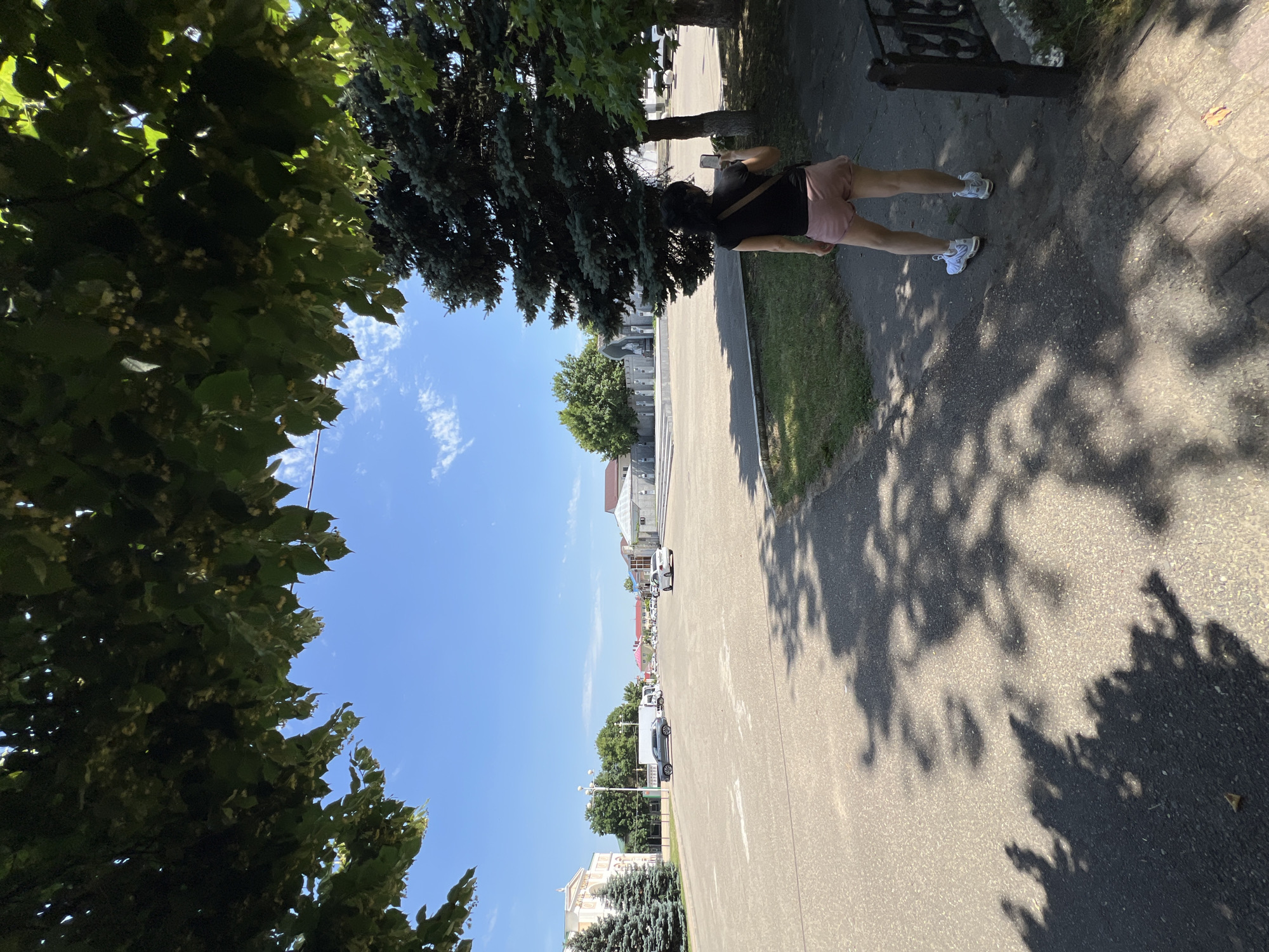 In the city of Takhtamukai, Russia, a person stands on a paved area, facing away from the camera, looking towards a large open space. The person is wearing a black t-shirt, light pink shorts, and white athletic shoes. They are holding a smartphone in their right hand, seemingly taking a photograph or video. The background reveals a clear blue sky with scattered white clouds. Several buildings, trees, and vehicles are visible in the distance, suggesting a public square or a similar urban setting. Lush green trees frame the top and right sides of the image, casting dappled shadows on the ground. The lighting suggests a bright, sunny day.