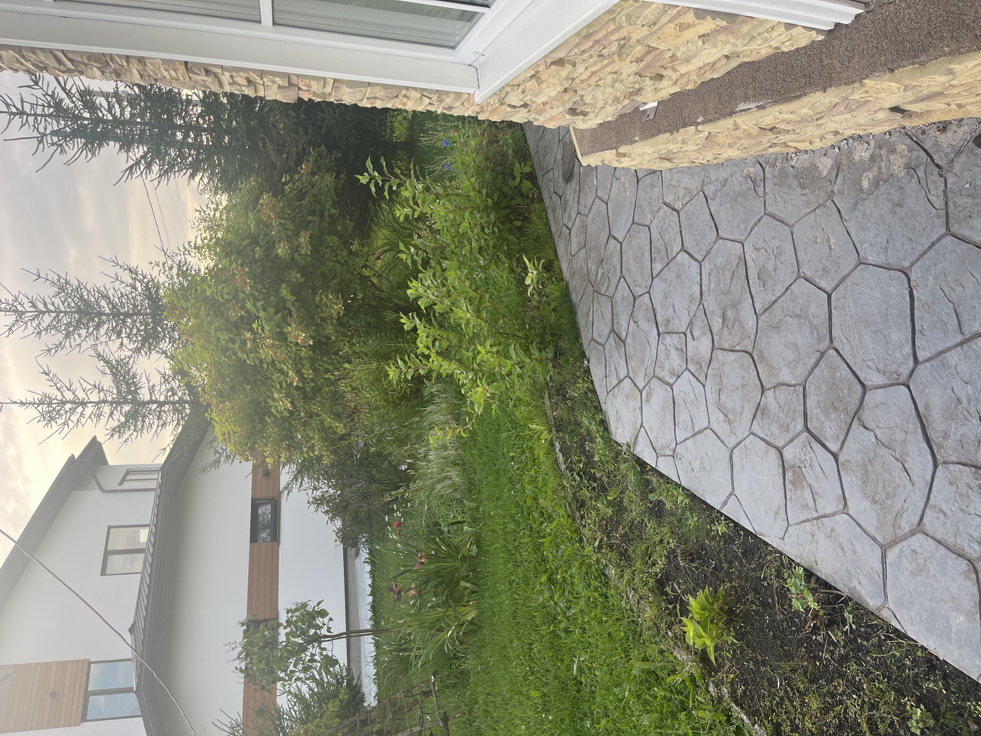 This is a photograph of a residential property in Vladimirovka, Russia, during daylight hours, likely in the late afternoon or early evening given the soft lighting. The scene depicts a paved pathway made of grey hexagonal concrete slabs, leading away from the foreground and curving to the left. To the right of the pathway, a section of the house is visible, featuring a stone-clad wall in shades of tan and beige, topped with a brown textured material. A white window frame and trim are also visible on the house. To the left of the pathway is a well-maintained garden with lush green grass, interspersed with various plants and flowers. In the background, evergreen trees and a white house with wooden accents are present. The sky appears overcast with a soft glow, suggesting a mild day. There are no people or animals visible in the frame.