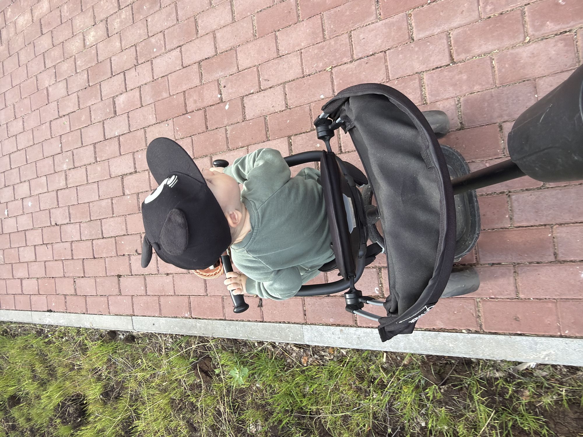 A young child wearing a black cap with mouse ears sits in a black stroller or tricycle, holding onto the handlebars. The child is wearing a green long-sleeved shirt. The stroller is on a red brick pathway. To the left of the pathway is a patch of green grass with some dirt. The scene appears to be outdoors, likely in a park or public area. No specific landmarks are visible to pinpoint a location in Chaikovsky, Russia.