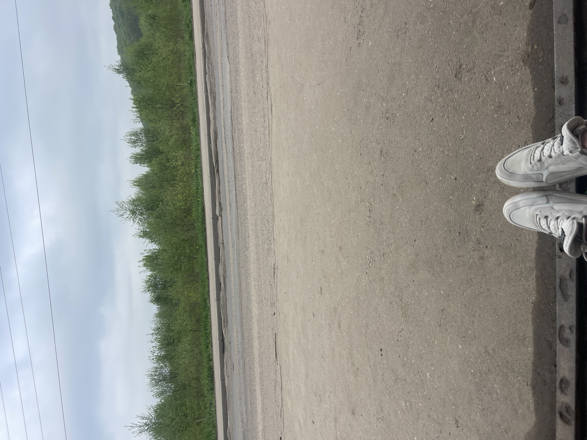 The image shows a person's feet, wearing white sneakers, standing on what appears to be a curb or ledge adjacent to a paved road. The road surface is gray, showing signs of wear and texture. Beside the road is a strip of green foliage, possibly trees or dense shrubs. In the background, a cloudy sky is visible. The location is suggested to be Molokovo, Russia, based on the user's context.