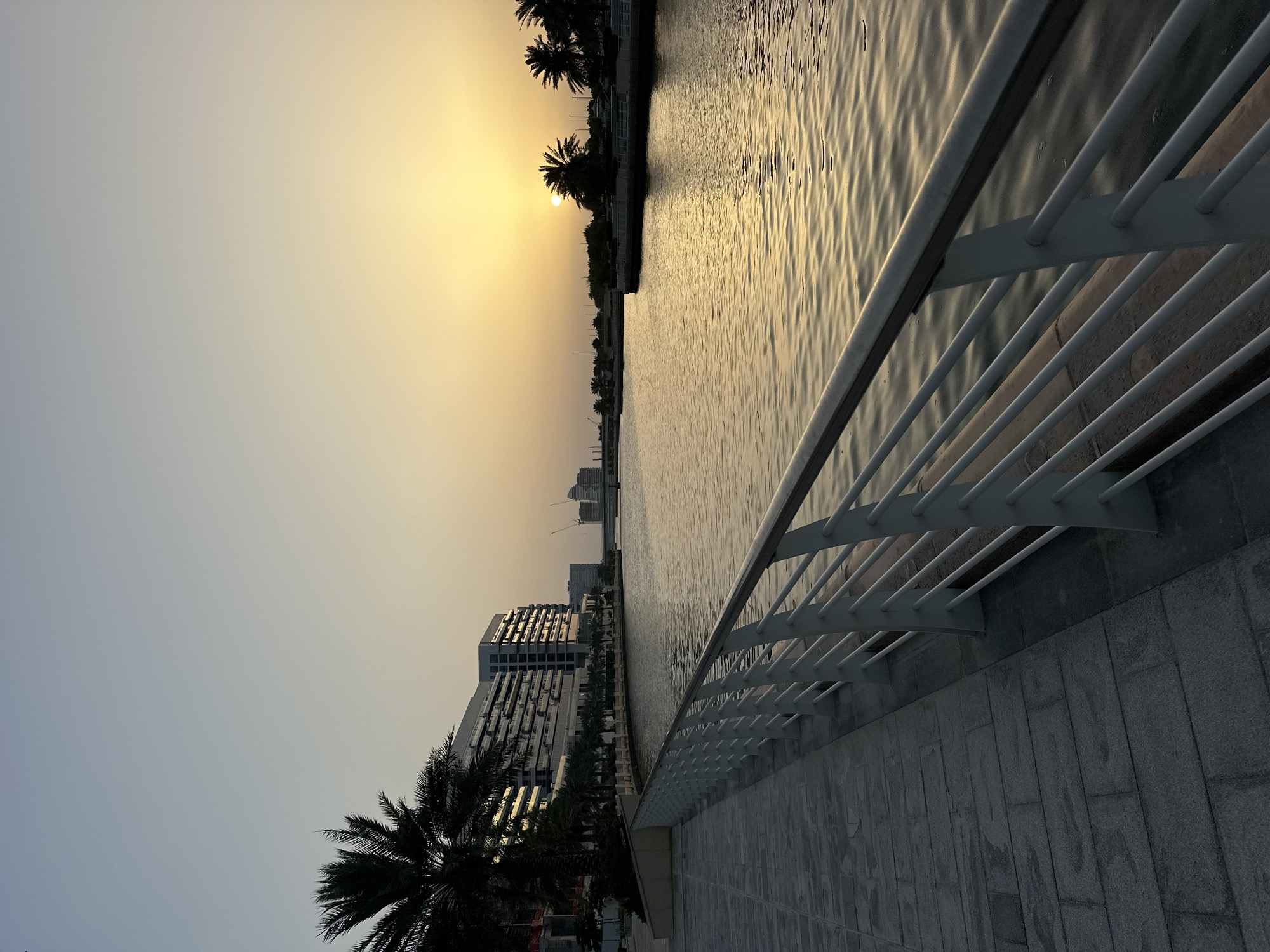 The image depicts a waterfront scene in Abu Dhabi, United Arab Emirates, during a sunset or sunrise. The sun is low on the horizon, casting a golden light over the water. A white railing runs along the edge of a paved walkway. Palm trees are visible along the shoreline. In the distance, modern buildings and construction cranes are visible. The water shows ripples and reflections of the sunlight. The sky transitions from a light blue or grey to a yellow or orange hue near the horizon.