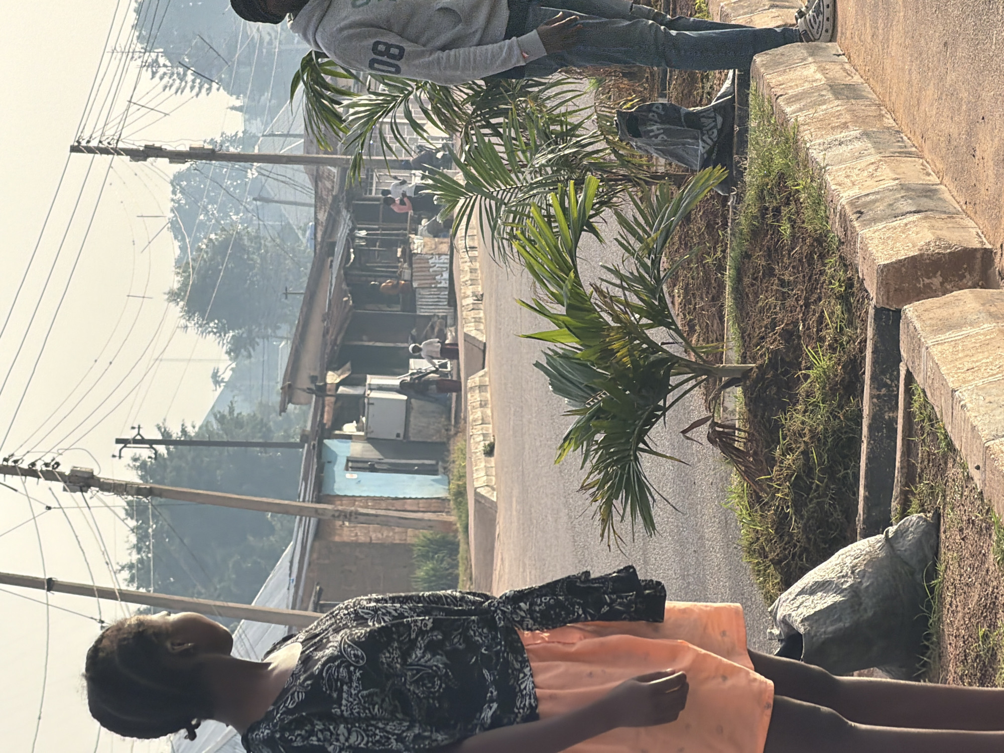 In Gura Top, Nigeria, on a street with overhead power lines, a young Black female stands with her back to the viewer, facing left. She wears a black and white patterned top tied at the waist and orange shorts. To her right, a young Black male stands facing right, wearing a grey hoodie with the number "08" on the sleeve and blue jeans. Between them, a palm plant is in a raised garden bed with mulch and grass. In the background, there are shops and buildings, and several other individuals are visible walking and standing. The scene appears to be outdoors during the day.