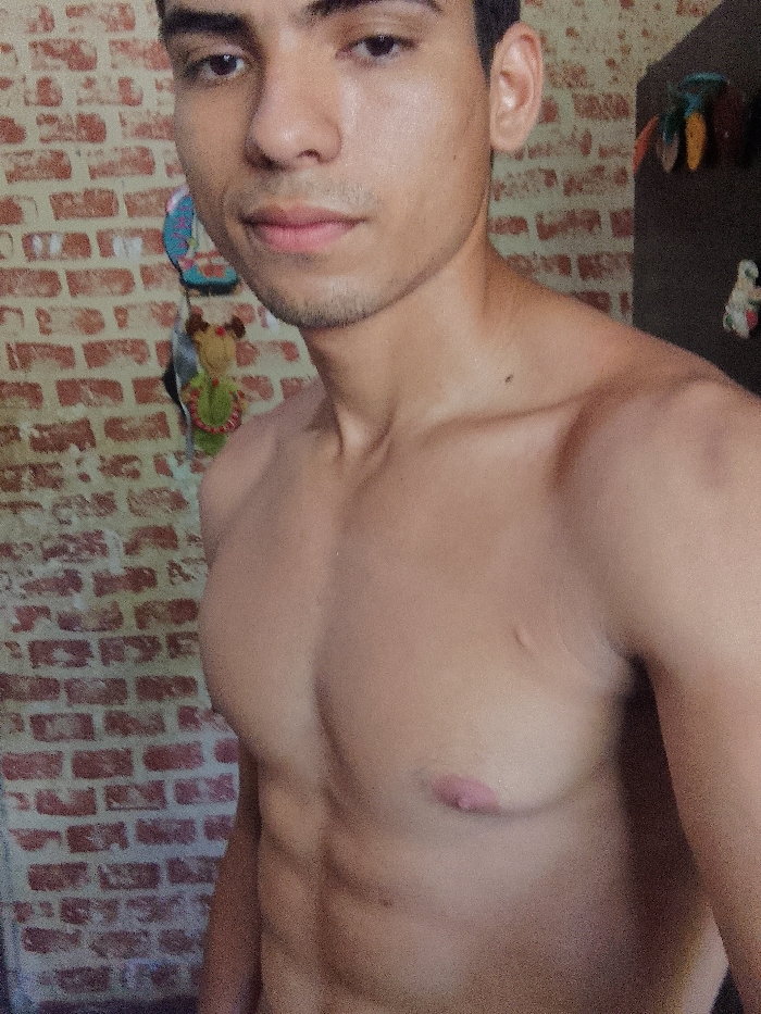 A portrait-style image features a young adult male, bare-chested, captured from mid-torso upward, looking directly forward with a neutral expression. He has dark hair, a light complexion, and exhibits visible musculature in his chest and abdomen. Faint stubble is present on his chin and upper lip. A small, dark mole is visible on his right clavicle/shoulder area. The background to the subject's left is a red-orange brick wall, upon which a light blue circular object and a small, brown and green plush figure are mounted. To the subject's right, the background transitions to a dark, vertical surface, possibly wood or painted, displaying several small, colorful decorative items, including a white figure. The scene is located in Juan Griego, Venezuela.