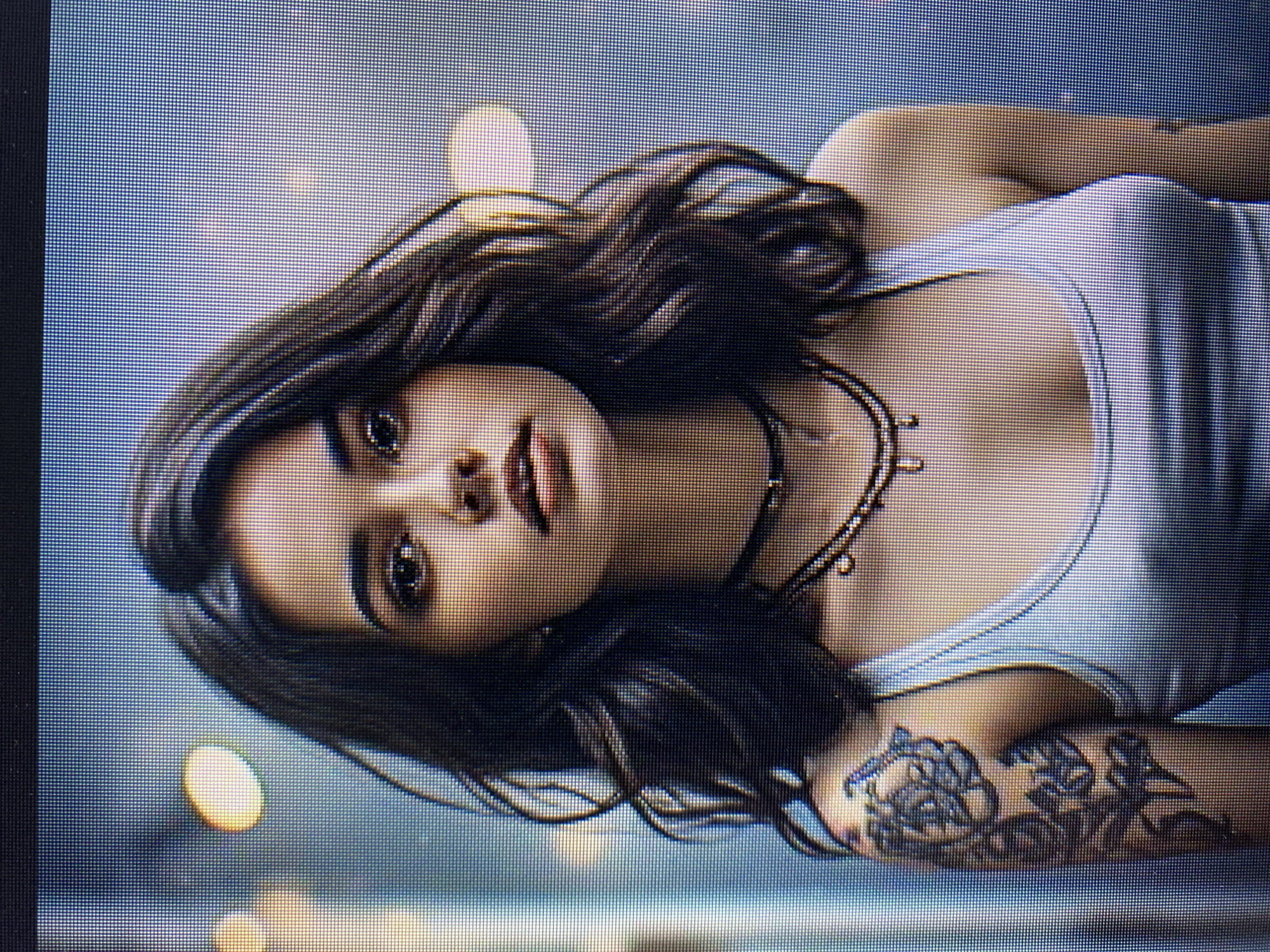 The media file is a photograph of a young woman with dark hair and striking eyes. She is lying on her side, with her head tilted back and her gaze directed towards the viewer. She is wearing a light-colored tank top and a dark choker necklace. A prominent tattoo of a rose and other intricate designs is visible on her left arm. The background is soft and blurred, with out-of-focus lights that suggest an evening setting. The overall mood is alluring and somewhat mysterious. The image appears to be a digitally rendered artwork or a heavily edited photograph, given the smooth textures and the detailed rendering of the subject's features. There is no visible text in the image. The context of Yerevan, Armenia, provides a geographical location but does not offer specific visual cues within the image itself.